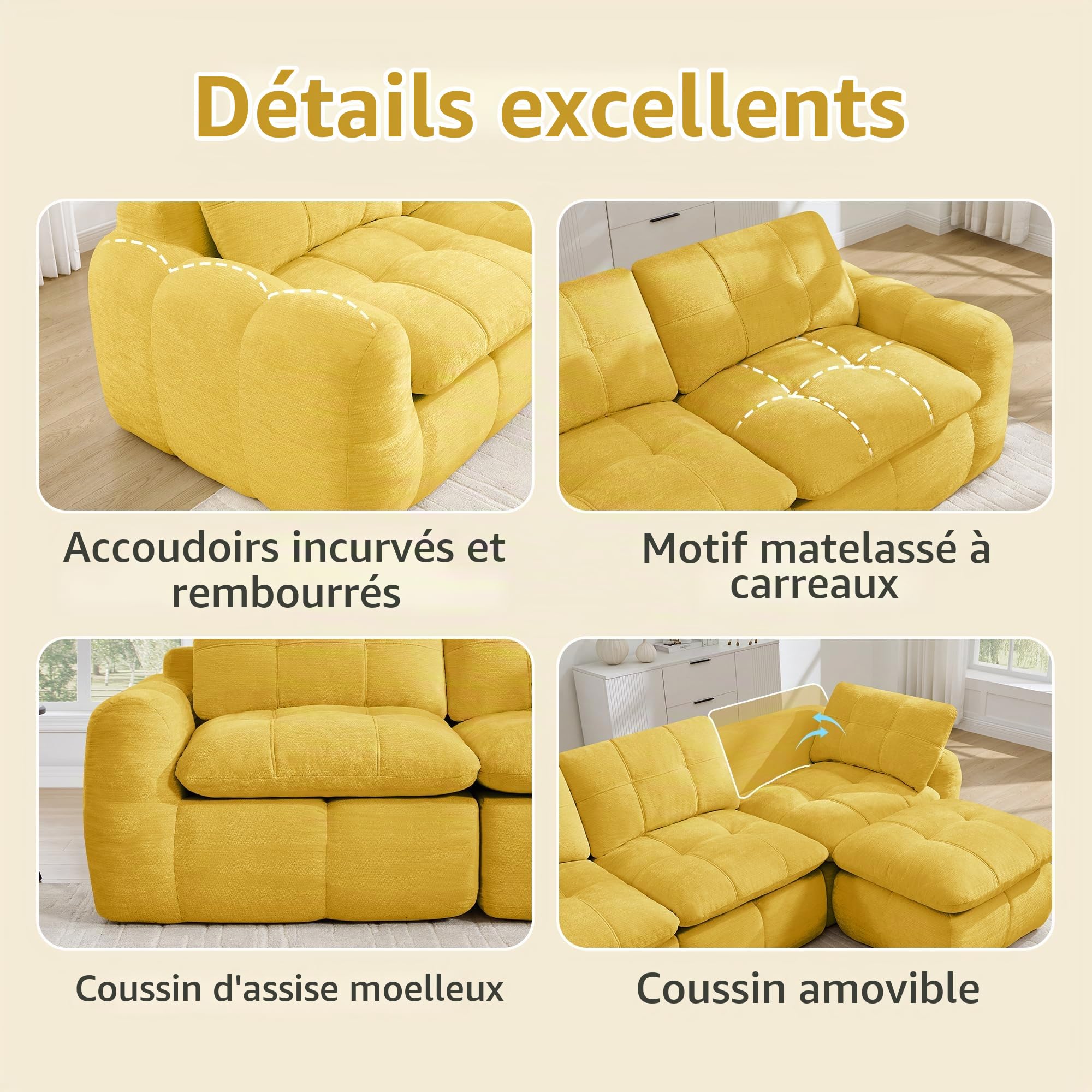 Canapé d'angle Convertible 2 Places, Canapé Modulable Moderne en Chenille, Canapé Compressé en Mousse Haute Densité, Montage Libre, Jaune