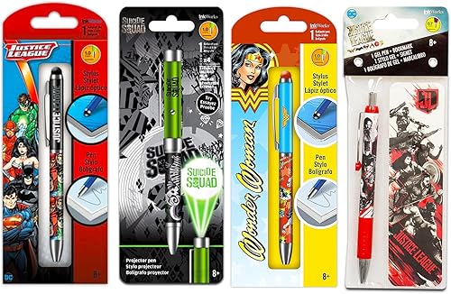 DC Comics - Juego de bolígrafos de villanos y superhéroes  Paquete de 3 bolígrafos de la Liga de la Justicia con Batman Superman Mujer Maravilla