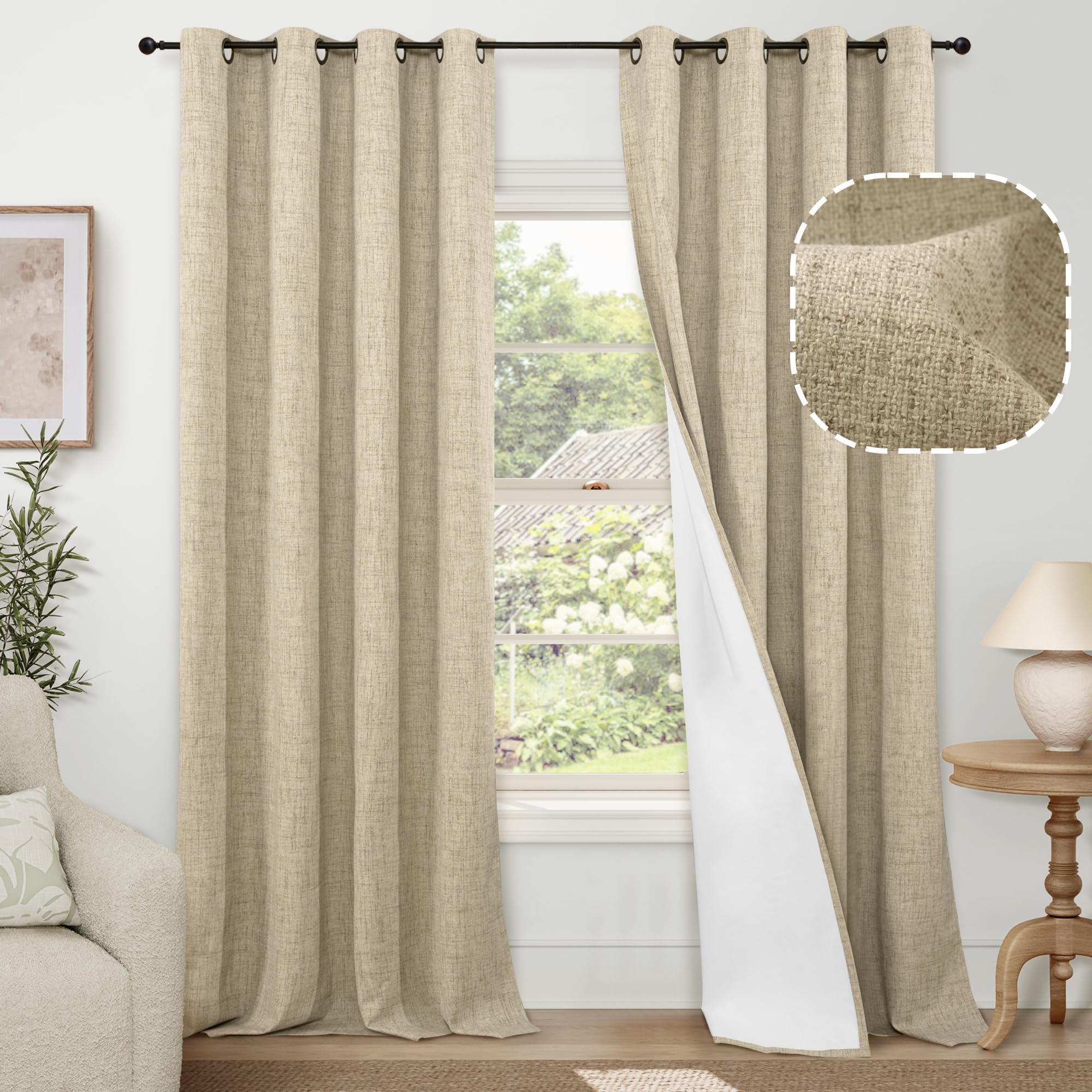 Lajode 100% Blackout Curtains 95 Inches Long for Living Room 2 Panels Set, Faux Linen Textured Floor Length 95 Inch Thermal Insulated Bronze Grommet