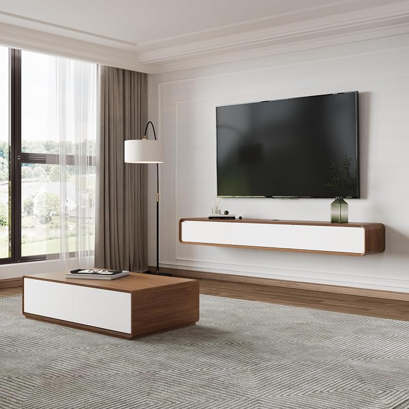 POVISON Modern TV Stand and Coffee Table Set of 2, Minimalist Floating TV Stand 79" Modern Wall-Mounted Entertainment Center, 51" Square Wood Coffee Table, Walnut & White image 3