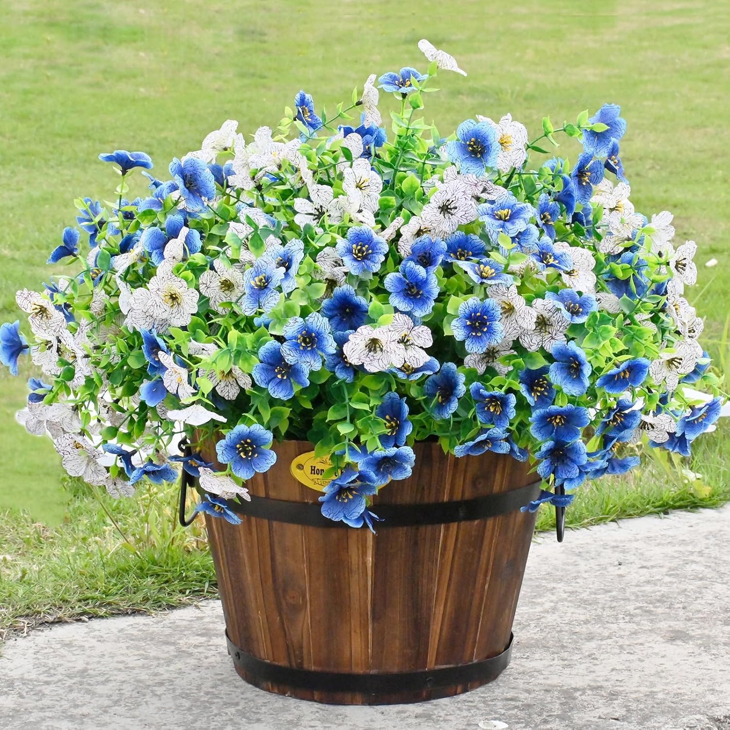 NAWEIDA 8 Bundles Artificial Fake Flowers，Fake Blue Silk Daisy with Eucalyptus for Planter Pot UV Resistant Realistic for Outside Porch Home Patio Garden Decoration (White Blue)
