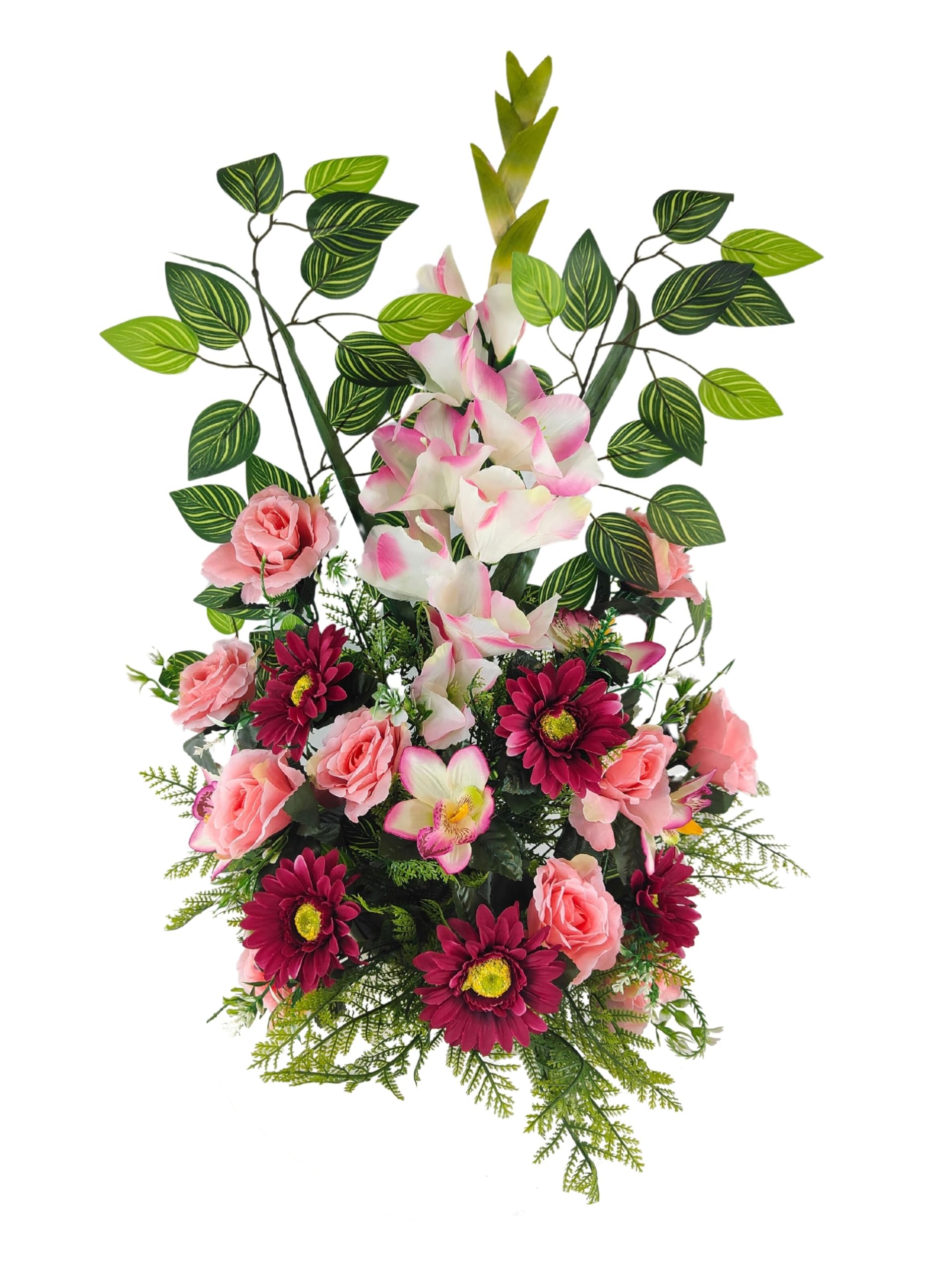 Centre de fleurs artificielles rose fuchsia pour cimetière et église 70x45cm