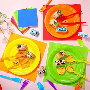 90 Pack Colourful Party Tableware Set - 30 x 7 Paper Plates, 30 Paper Cups, 30 Napkins, Multicoloured Rainbow Party Plates Cups and Napkins for Birthday Holiday Events