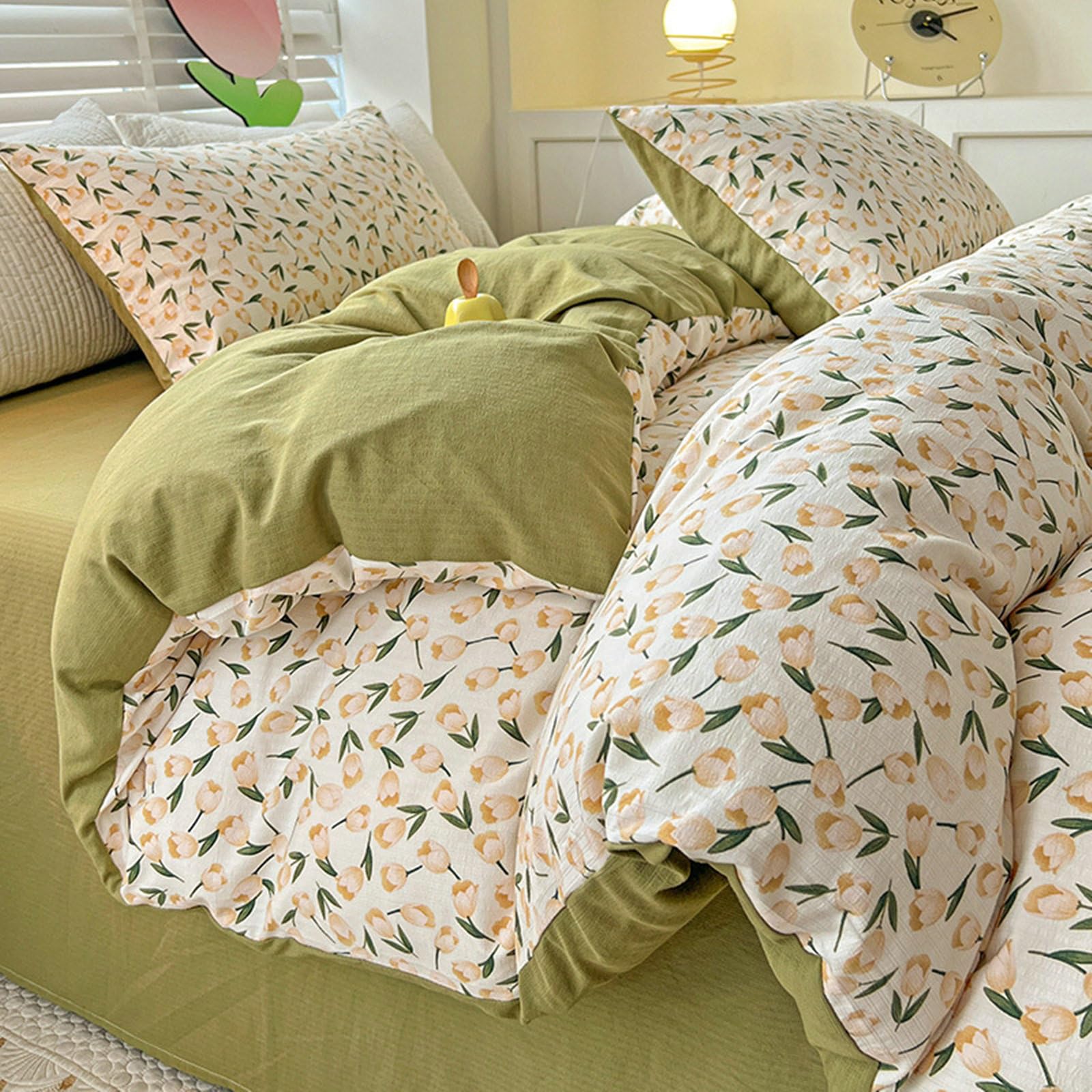 Parure de lit 4 pièces tulipe réversible pour lit double avec housse drap et taies
