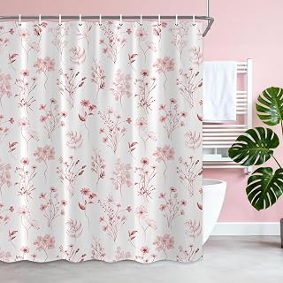 Pink Floral Shower Curtain, Boho Watercolor Flower Eucalyptus Botanical Shower Curtains for Bathroom, Cute Cottagecore Waterproof Fabric Cloth Shower Curtain for vintage Decor with Hooks 72X72IN