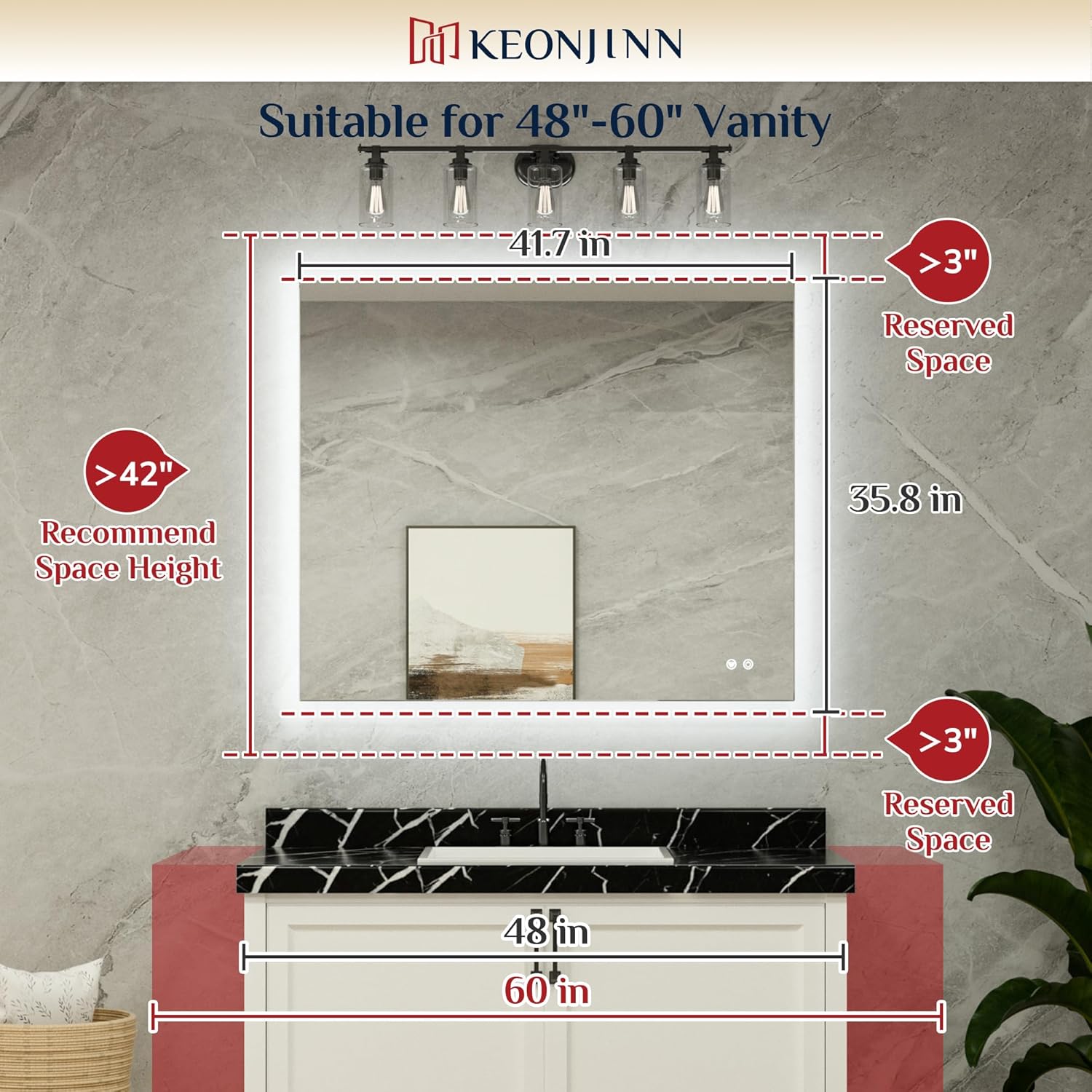 Keonjinn 42 x 36 Inch Backlit Bathroom Mirror, Anti-Fog LED Mirror with Lights, CRI90+ HD Tempered Glass, Stepless Dimmable, High Lumen, UL Listed LED Driver, Waterproof, Horizontal/Vertical