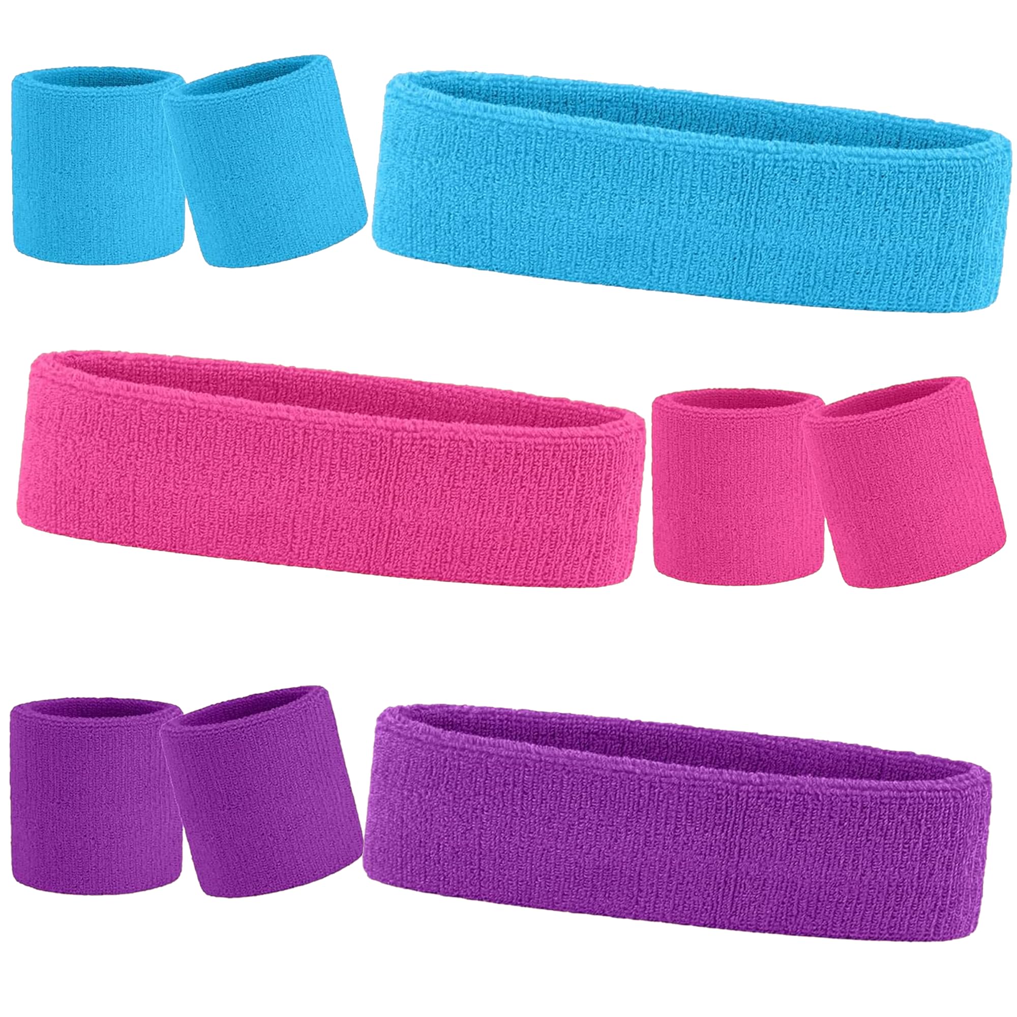 9 Pcs Sweatbands Headband Wristband Set Colorful Striped Terry Cloth Sports Athletic Gym 80s Sweat Headbands Wrist Bands (Turquoise, Pink, Purple)