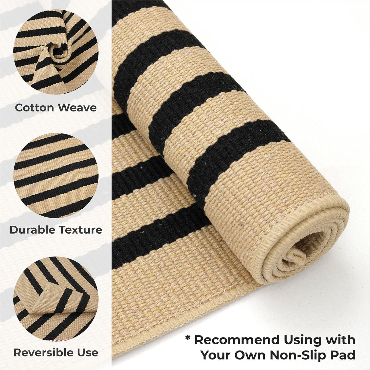 KOZYFLY 3'x5' Cotton Area Rug, Brown and Black Striped Outdoor Rug, Hand-Woven, Machine Washable, Perfect for Front Door, Kitchen, Living Room - Image 4