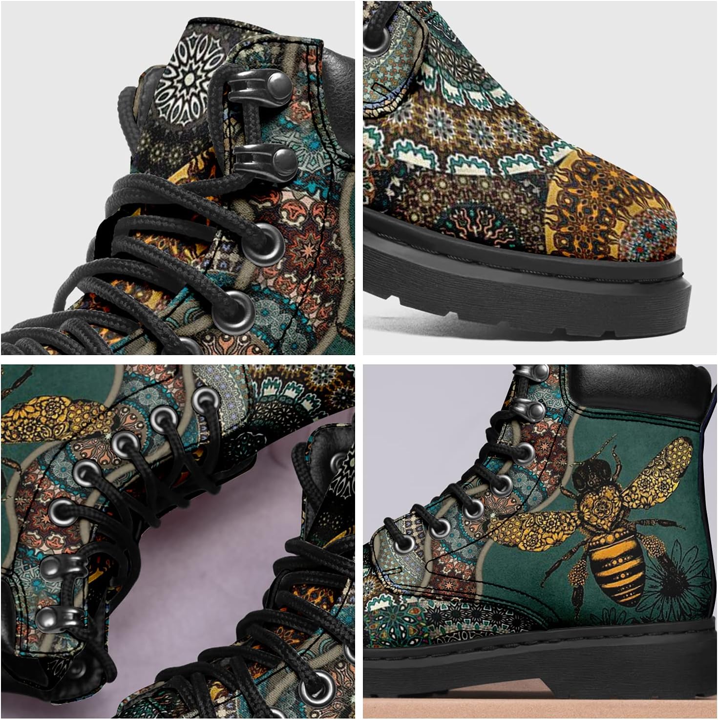 Custom Flower Mandala Honey Bee Boots Women Ankle Booties Fashion Handmade Boots