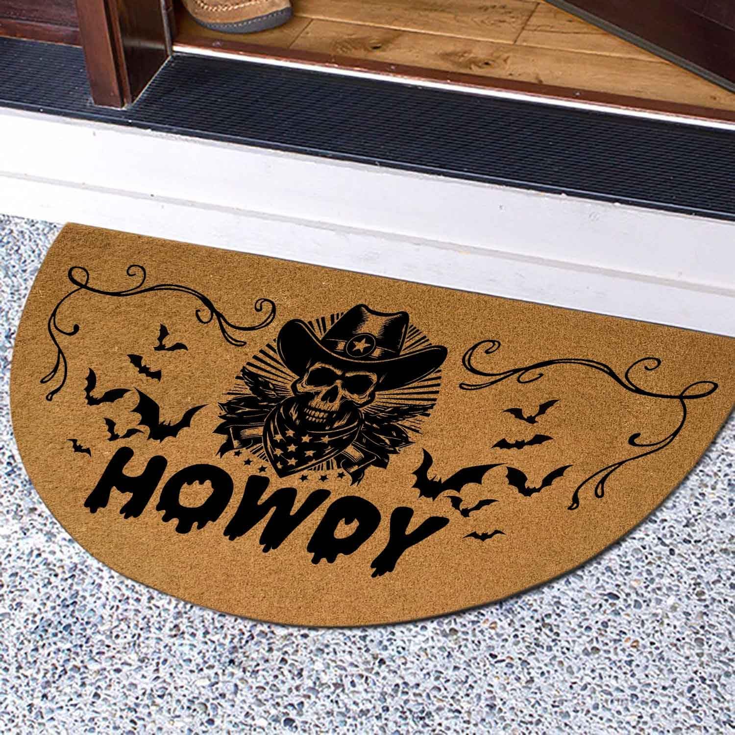 Western Gothic Welcome Mat, Howdy Skull Cowboy 29.5" x 17" Half Round Faux Coir Doormat, Durable Non-Slip Rubber Backing, 0.4" Thick Outdoor Entry Rug, Aesthetic Porch Decor Accent