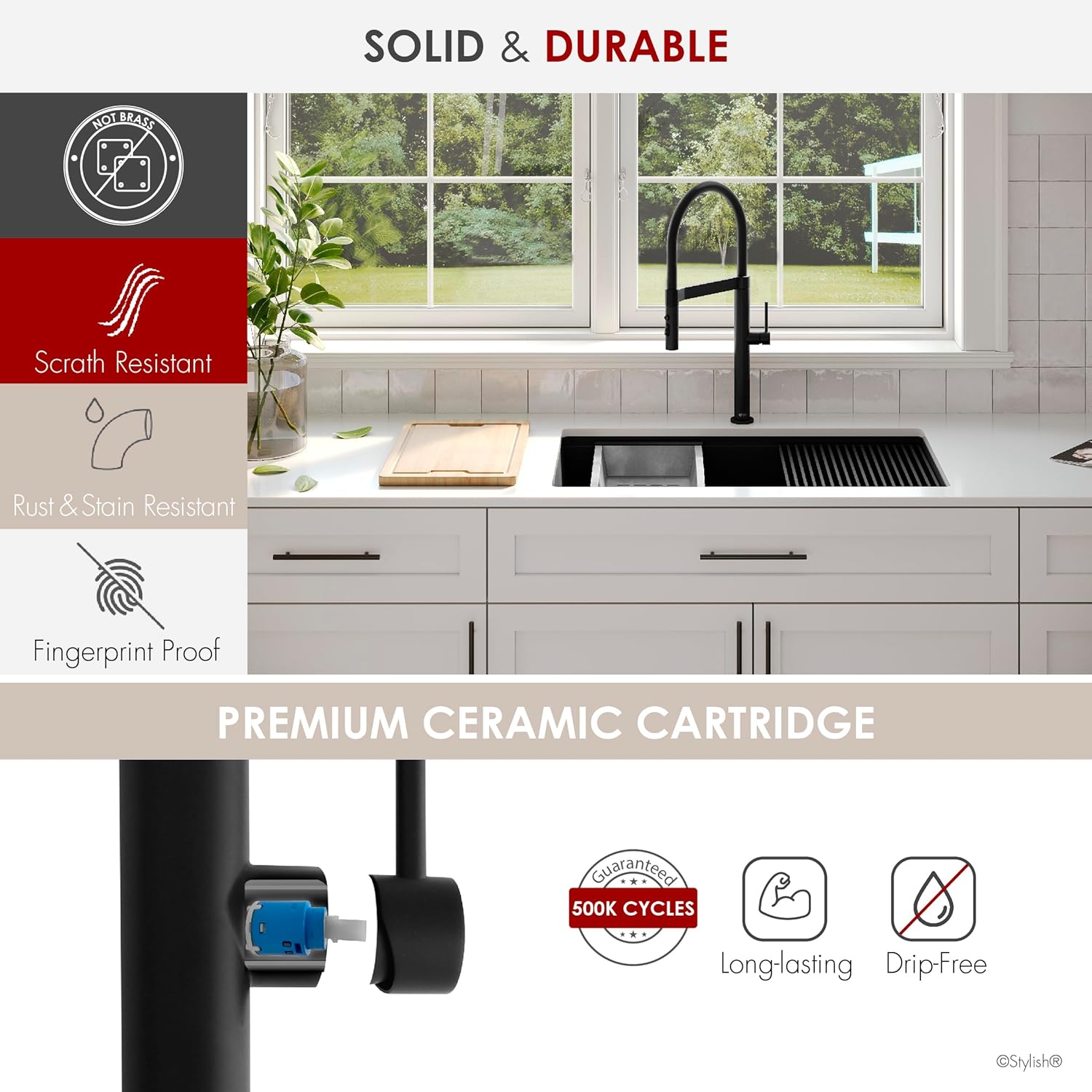 Stylish Pull Out Kitchen Faucet with 3 Function Srayer Single Handle Stainless Steel Black Kitchen Faucet with Silicone Hose, Ceramic Cartridge and Aerator, K-140N