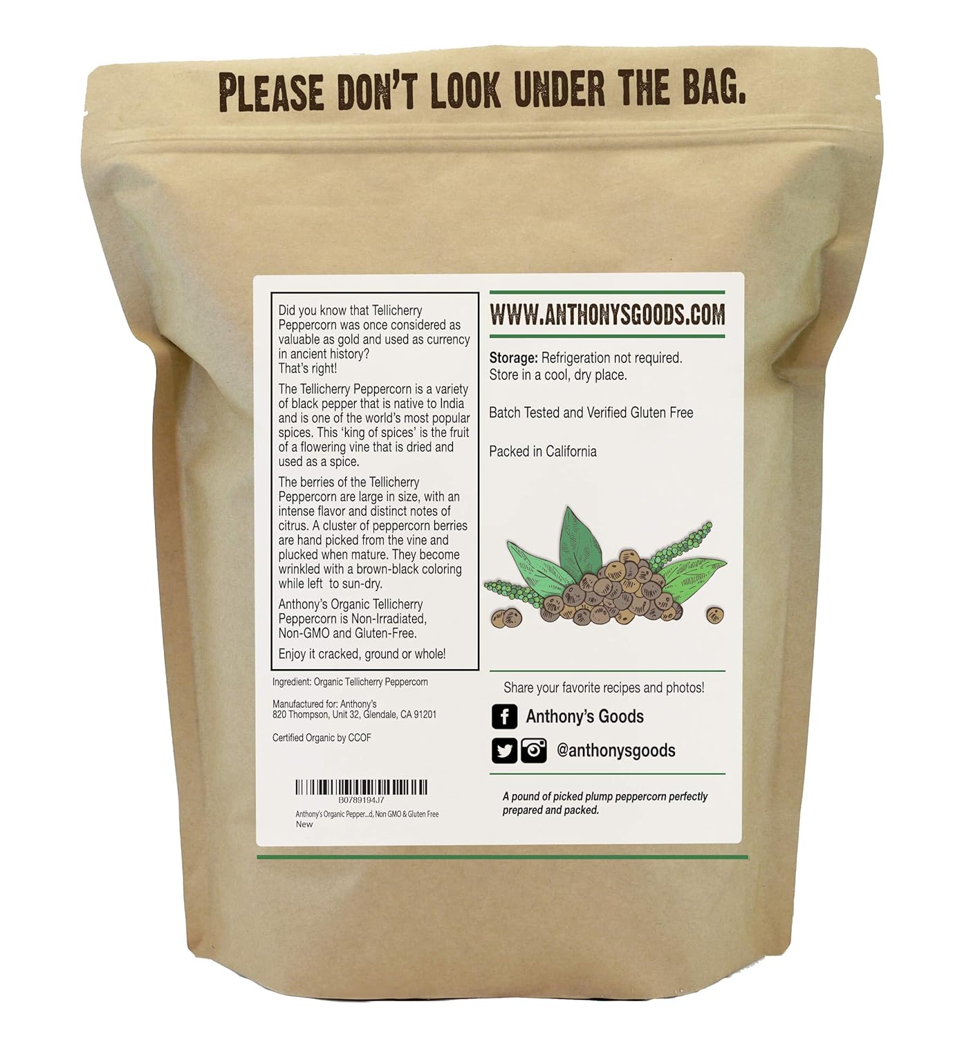 Anthony's Organic Tellicherry Peppercorn, 1 lb, Whole, Gluten Free, Non Irradiated, Steam Treated, Grinder Refill : Grocery & Gourmet Food