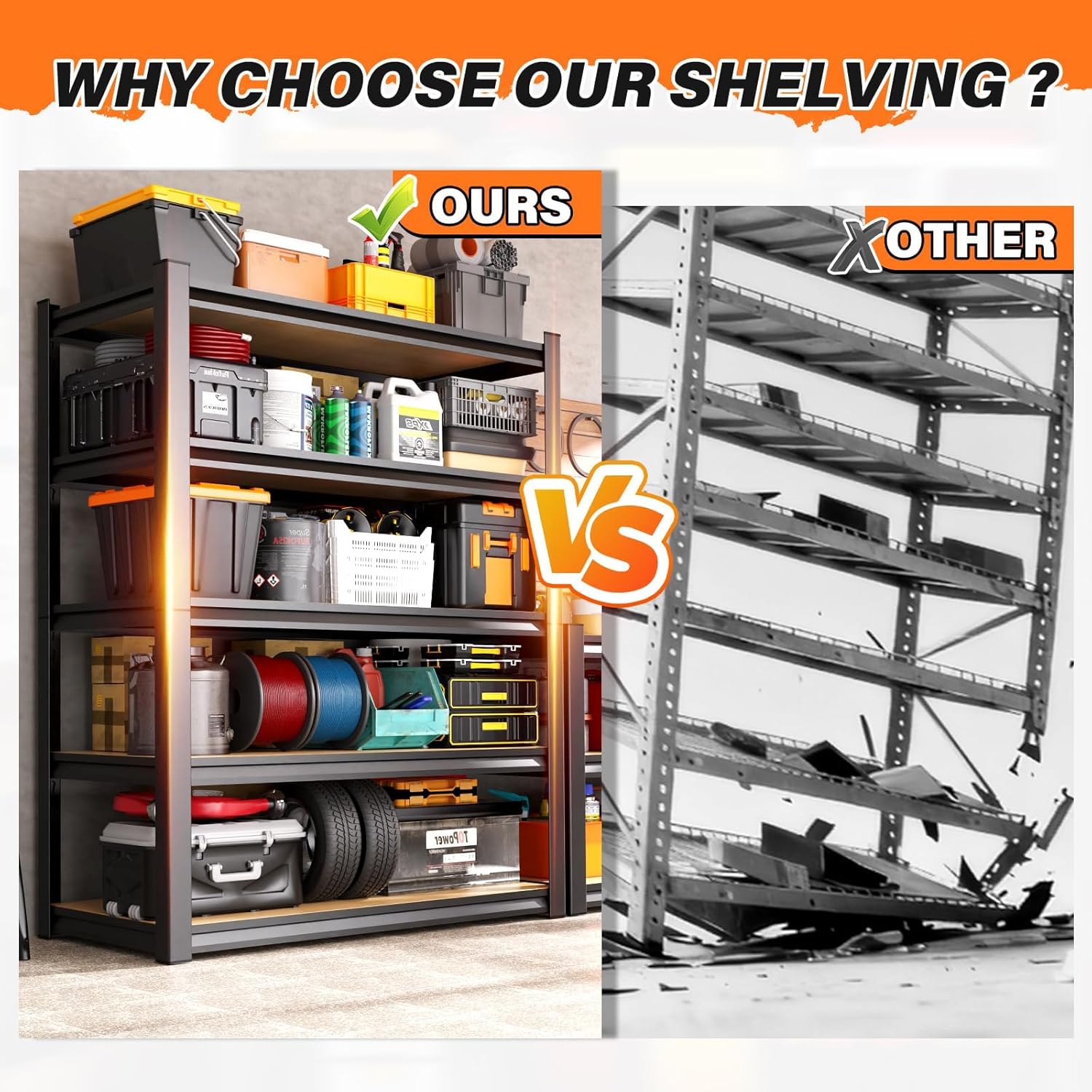 71.2''H Storage Shelves, 2500lbs Garage Shelving,Adjustable Heavy Duty Shelving Unit,5T Tall Garage Shelves，Wood Metal Standing Shelf Units,Utility Rack for Kitchen 71.2''H*31.5''W*13.8''D