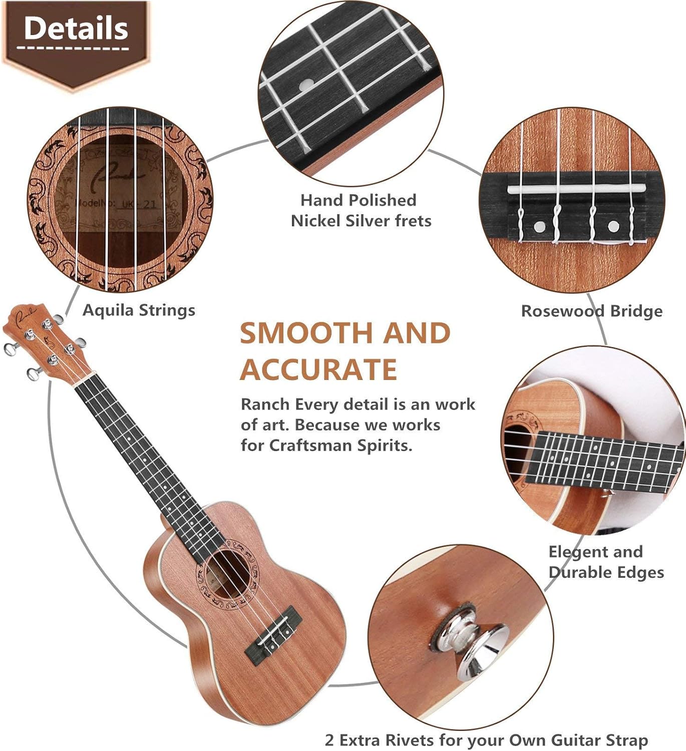 Ranch Soprano Ukulele 21 inch Professional Wooden ukelele Instrument Kit with 12 Online Lessons Small Hawaiian ukele Guitar ukalalee Starter Pack Bundle Gig bag, Tuner, Strap, Aquila Strings Set