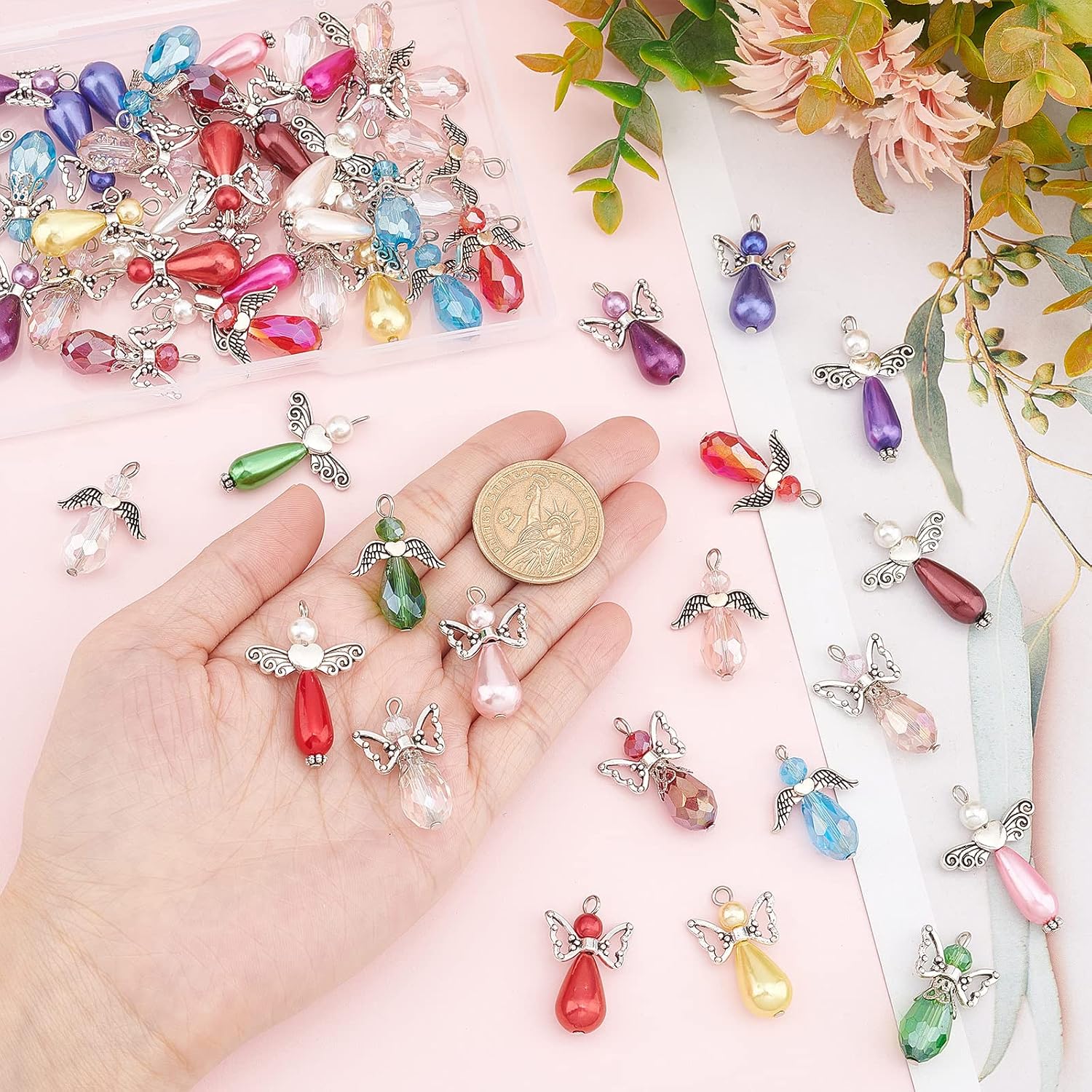 SUNNYCLUE 1 Box 60Pcs Angel Charms Angel Beads Beading Guardian Charm Beaded Wings Faceted Glass for Jewelry Making Party Favor Gift DIY Necklace Earring Keychain Craft Mixed Color