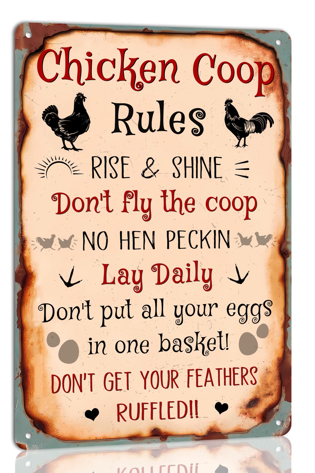 SMAZDFXX Vintage Rustic Chicken Coop Rules Metal Tin Sign Farmhouse Decor With Whimsical Rules Chicken Coop Tin Sign for Home Farm Kitchen Wall Decor Outdoor Use Perfect for Chicken Lovers 12"x16"