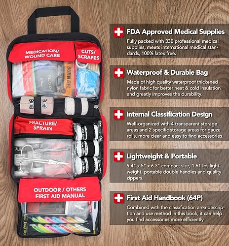 Miniatura 3 de Kit de primeros auxilios de 330 piezas, kit médico compacto impermeable premium para cualquier emergencia, ideal para el hogar, oficina, automóvil,