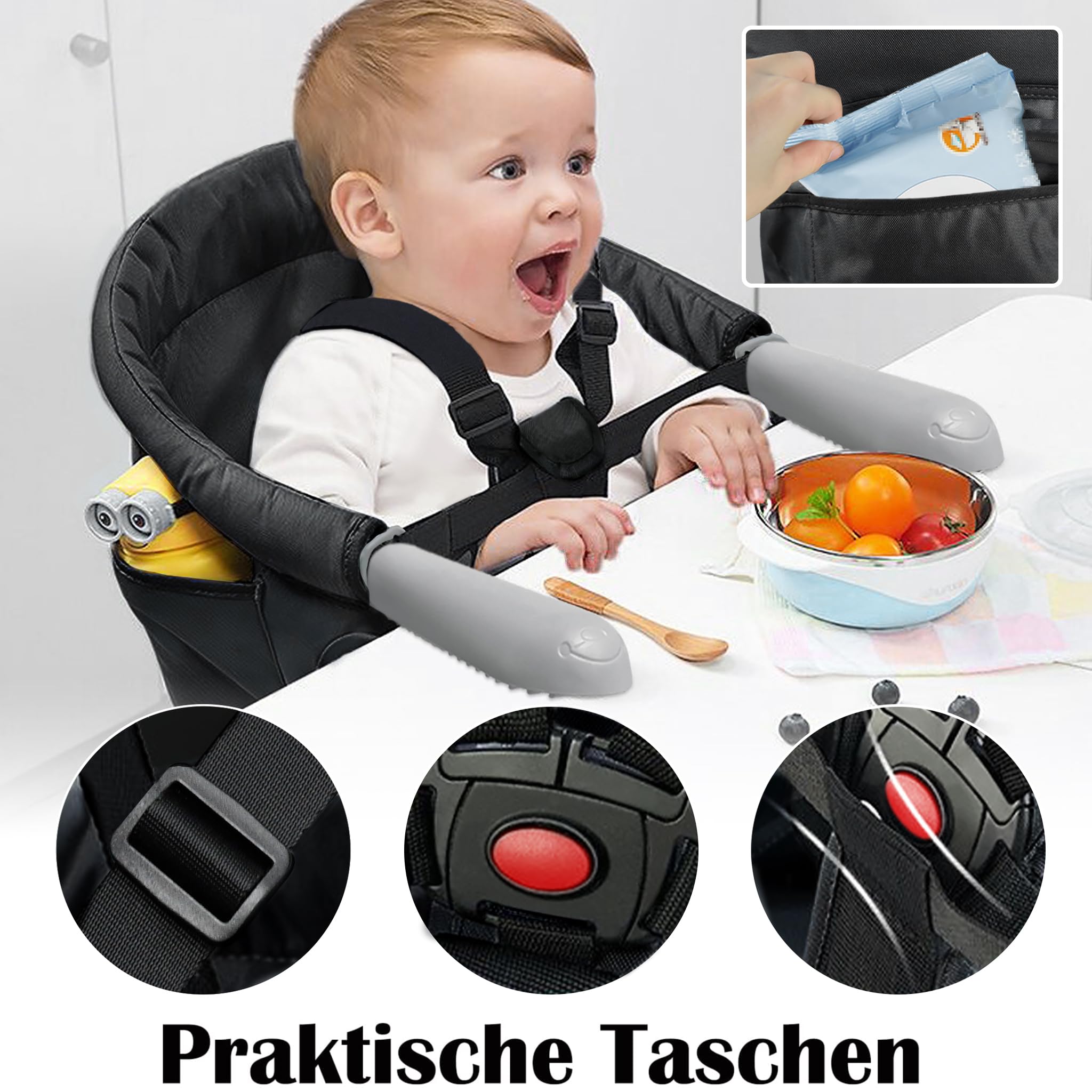 FIVMEN Seggiolino da tavolo pieghevole per bambini, con cintura di sicurezza monopezzo e schienale imbottito per casa e in viaggio, fino a 15 kg, nero