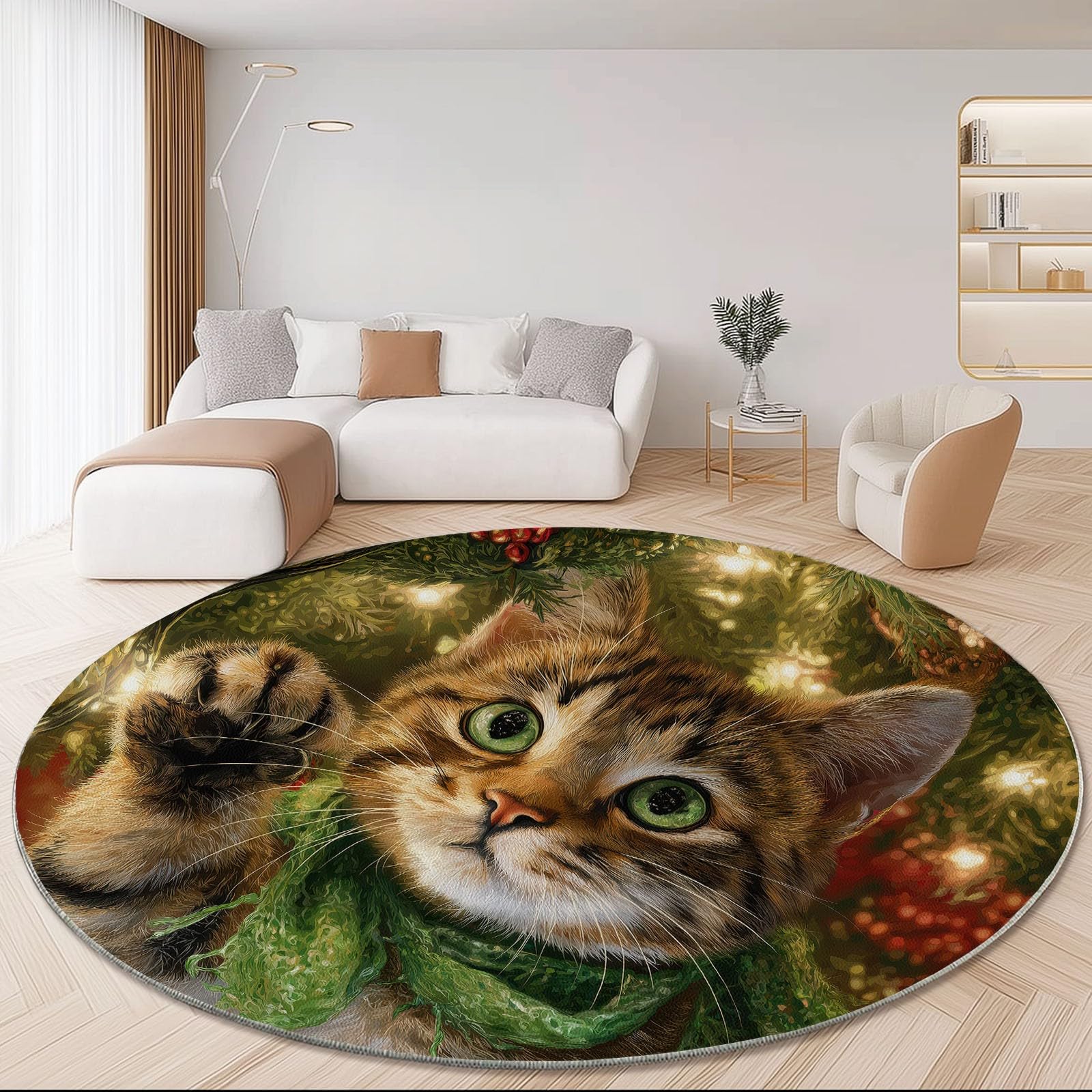 Teppich Wohnzimmer Rund 200 cm Teppich Schlafzimmer Grün Kurzflor Wohnzimmerteppich Weihnachten Katze Kiefernzweig Waschbar rutschfest Rund für Wohnzimmer Schlafzimmer Esszimmer
