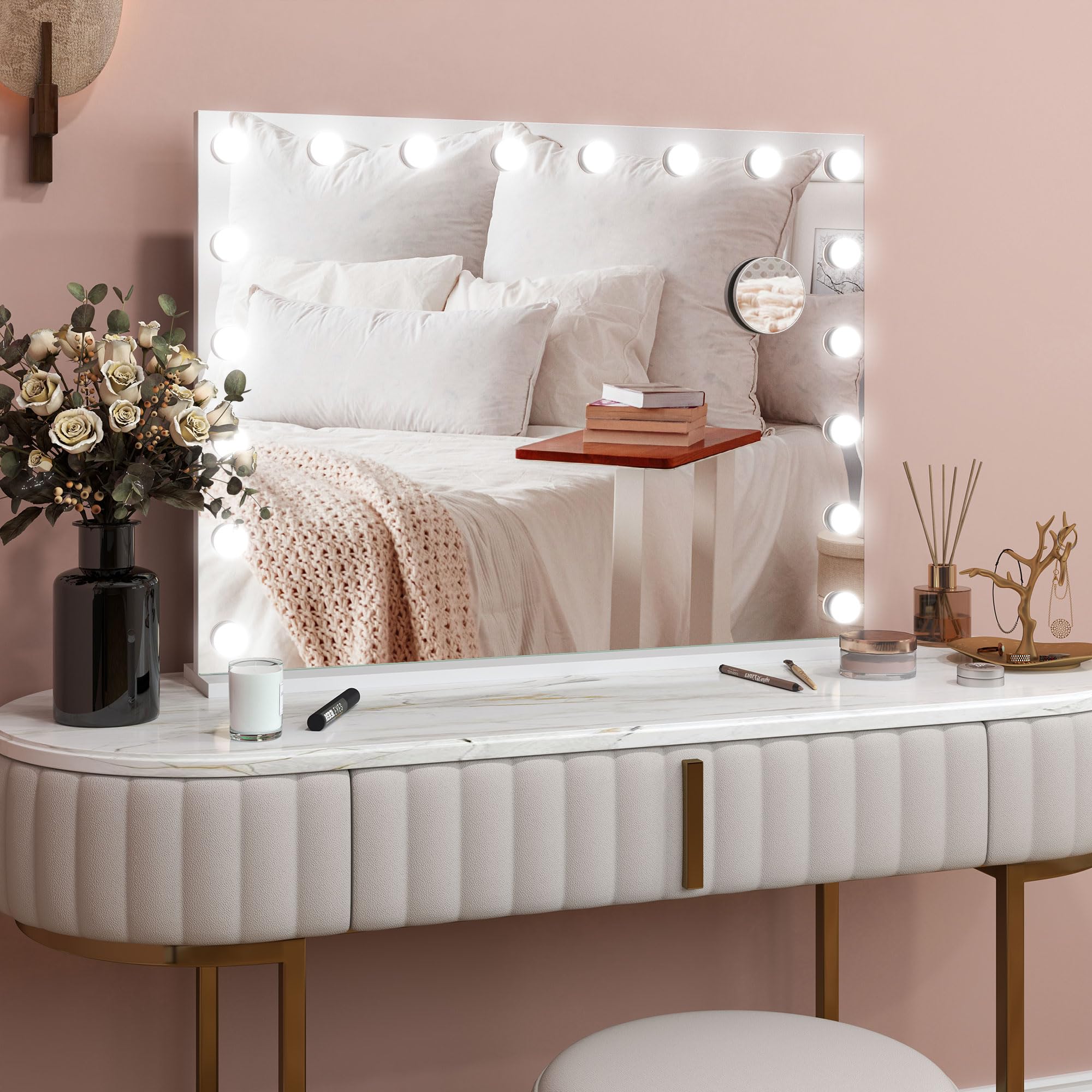 HOMCOM Miroir Maquillage Hollywood Lumineux LED Intensité Réglable 80x62cm | Miroir Grossissan, Port de Charge USB, Support de Téléphone