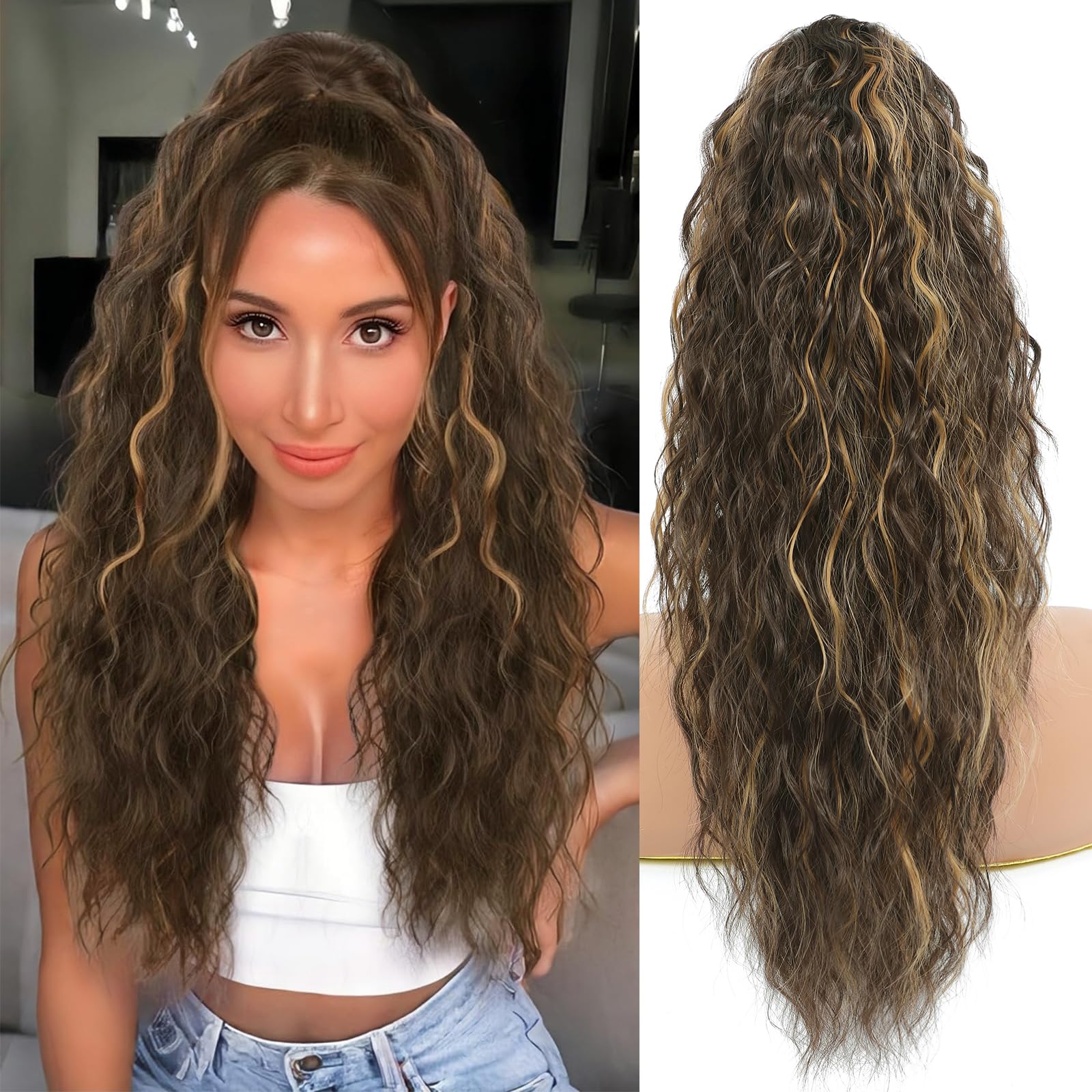 Photo 1 of Ponytail Extension, Claw Clip on Pony tails Hair Extension for Women 22 Inch Long Wavy Curly Fake Ponytail Clip in Hair Pieces for Women Fluffy Natural Looking (Chocolate Brown with Blonde Highlights)