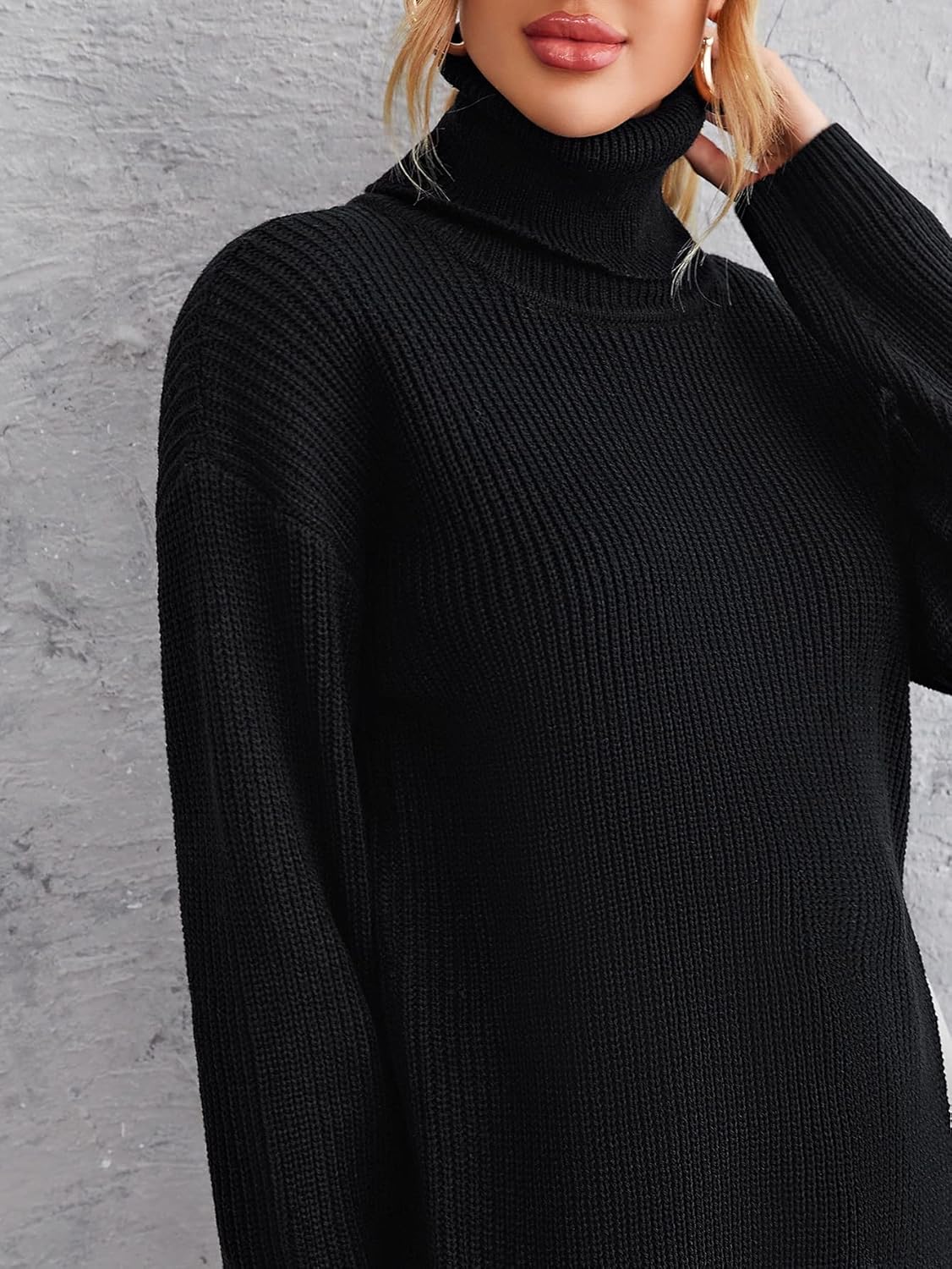 Women's Sweater Solid High Neck Split Hem Sweater Sweater for Women (Color : Black, Size : Medium)