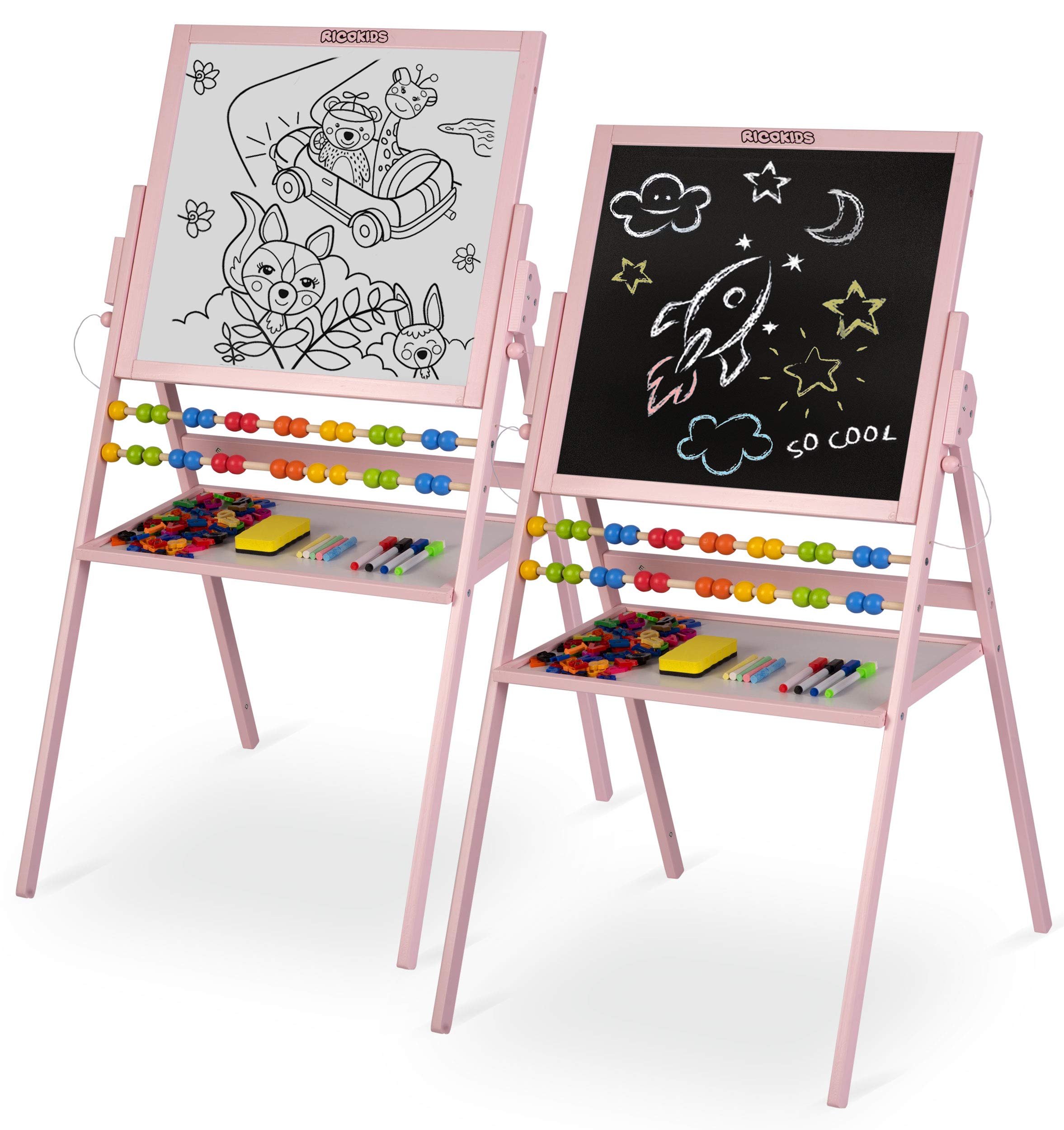 Spiel-Tafel für Kinder magnetisches Whiteboard und Kreidetafel Maltafel Kindertafel Staffelei aus Holz Ricokids (Rosa)