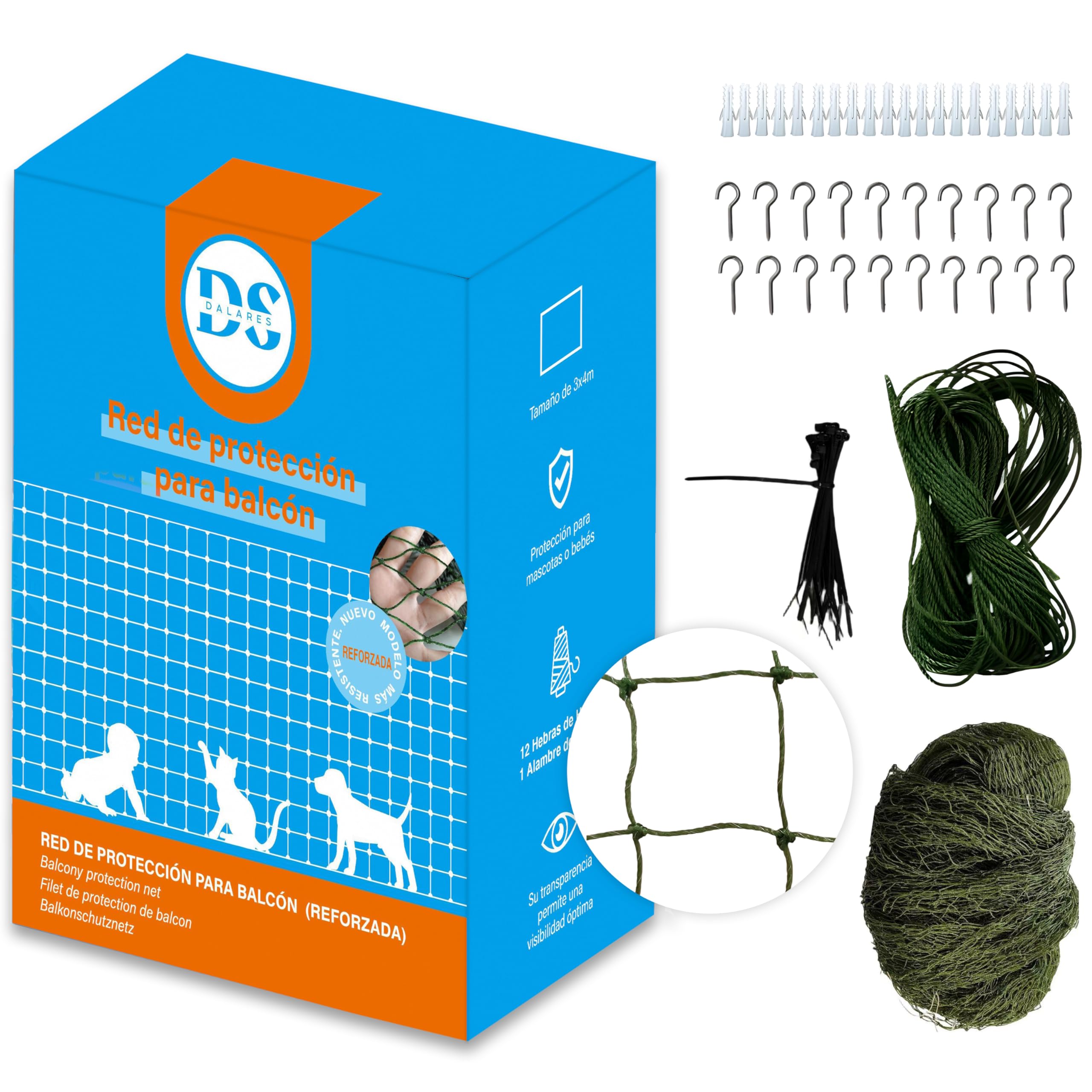 DALARES Red para Gatos Reforzada con Alambre I Acero+12 Hebras I 4x3m I Verde I Malla Protectora Metálica Más Resistente I Red de Gatos Terraza I Red Gatos Ventanas I Set de Fijación e Instrucciones