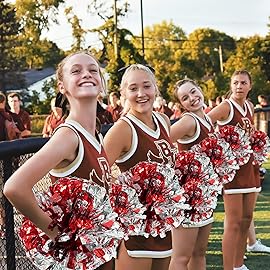 4Pcs Metallic Cheerleading Pom Poms, Creatiee 2 Pair Cheerleader Cheering Squad Pompoms for School Sports Dance Games Team Spirit Cheer (Red-Silver)