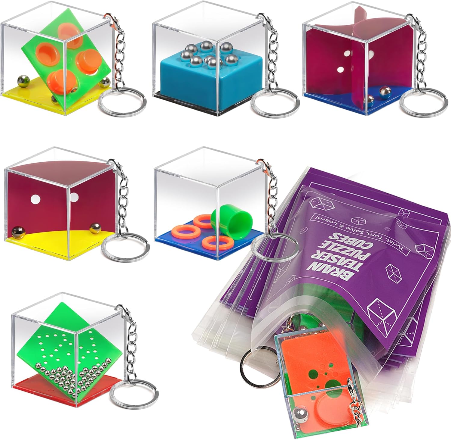 Brain Teaser Puzzle Cubes on Keychain (6 Pack) - Mini Maze Toys for Kids, Unique Party Favors, Goodie Bag Fillers, Treasure Box Classroom Rewards, Bulk Small Toys for Boys & Girls