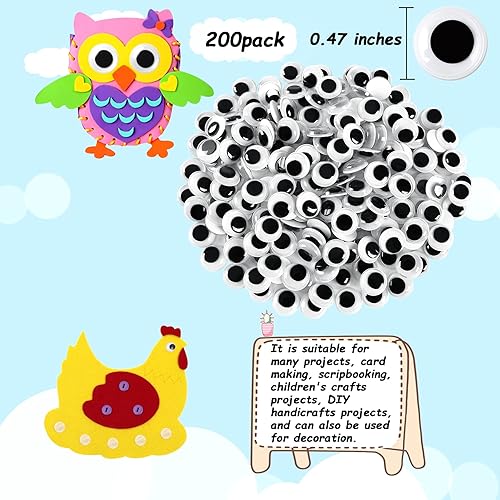 Miniatura 2 de 200 piezas Wiggle Eyes, FEBSNOW Googly Eyes, autoadhesivas, de plástico blanco y negro, ojos saltones de varios tamaños, para decoración de