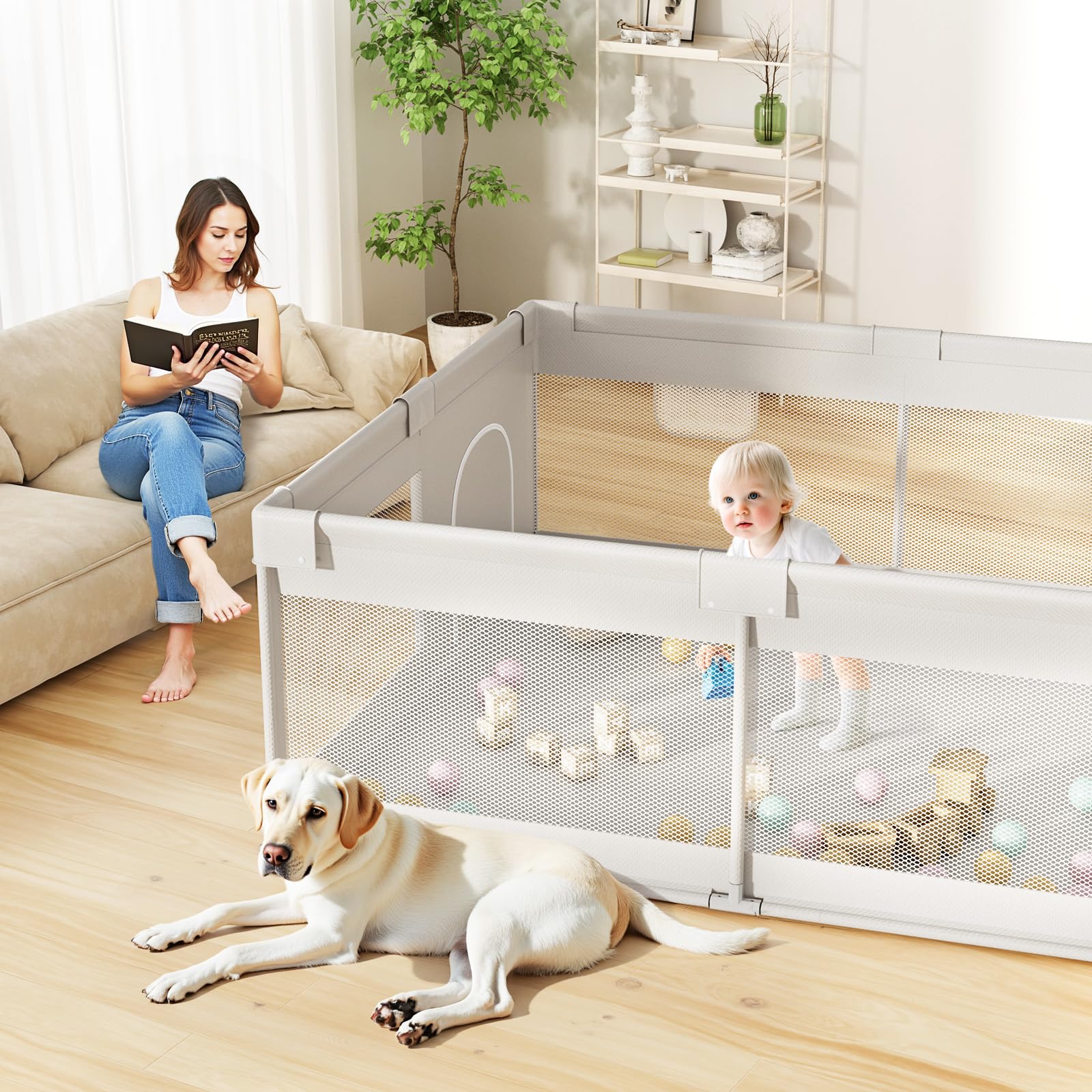 Grand parc pour bébé 175x150x64 cm – Parc sûr XXL pour bébé avec filet respirant, facile à monter, antidérapant et stable pour le salon et le jardin