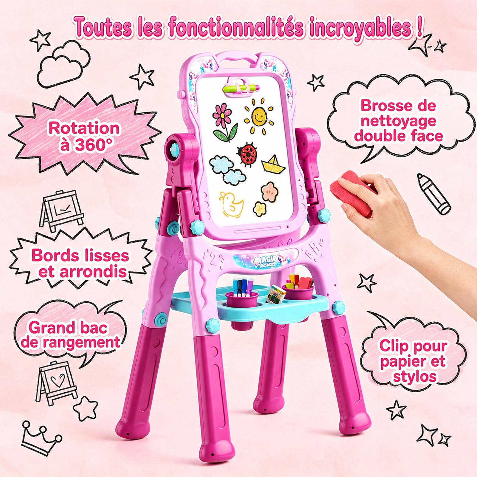 EUCOCO Tableau Enfant Double Face, Jouet Enfant 2 3 4 5 6 Ans Cadeau Fille 2 3 4 5 6 Ans Jouet Fille 1-6 Tableau Chevalet Peinture Educatif Jeux Tablette Dessin Cadeau Anniversaire Filles
