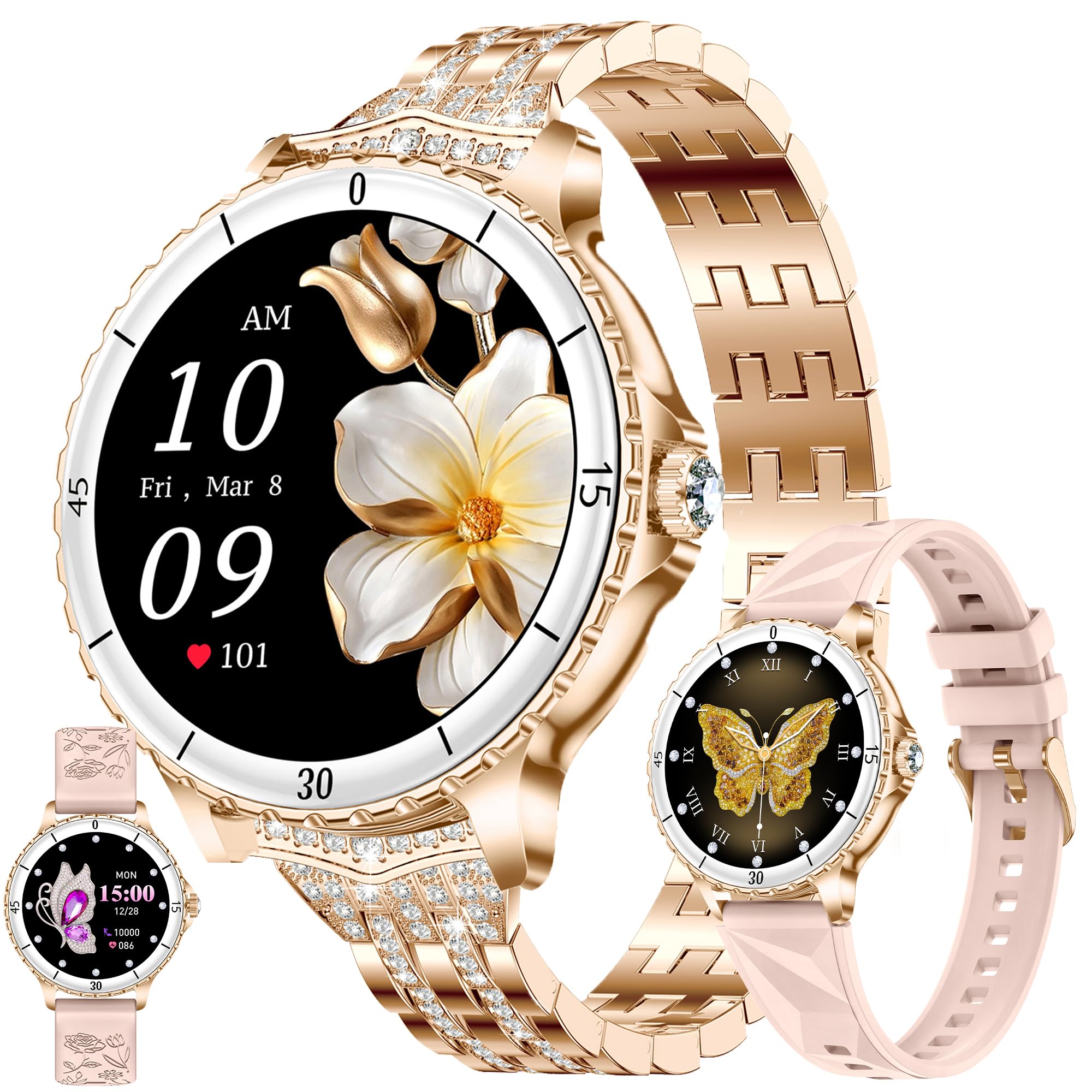 1,27-calowy AMOLED Smart Watch dla kobiet z funkcją Bluetooth, zegarek fitness z 24/7 monitorem temperatury ciała, snem i pulsometrem, monitor SpO2, zegarek sportowy 3ATM iOS Android (złoty)
