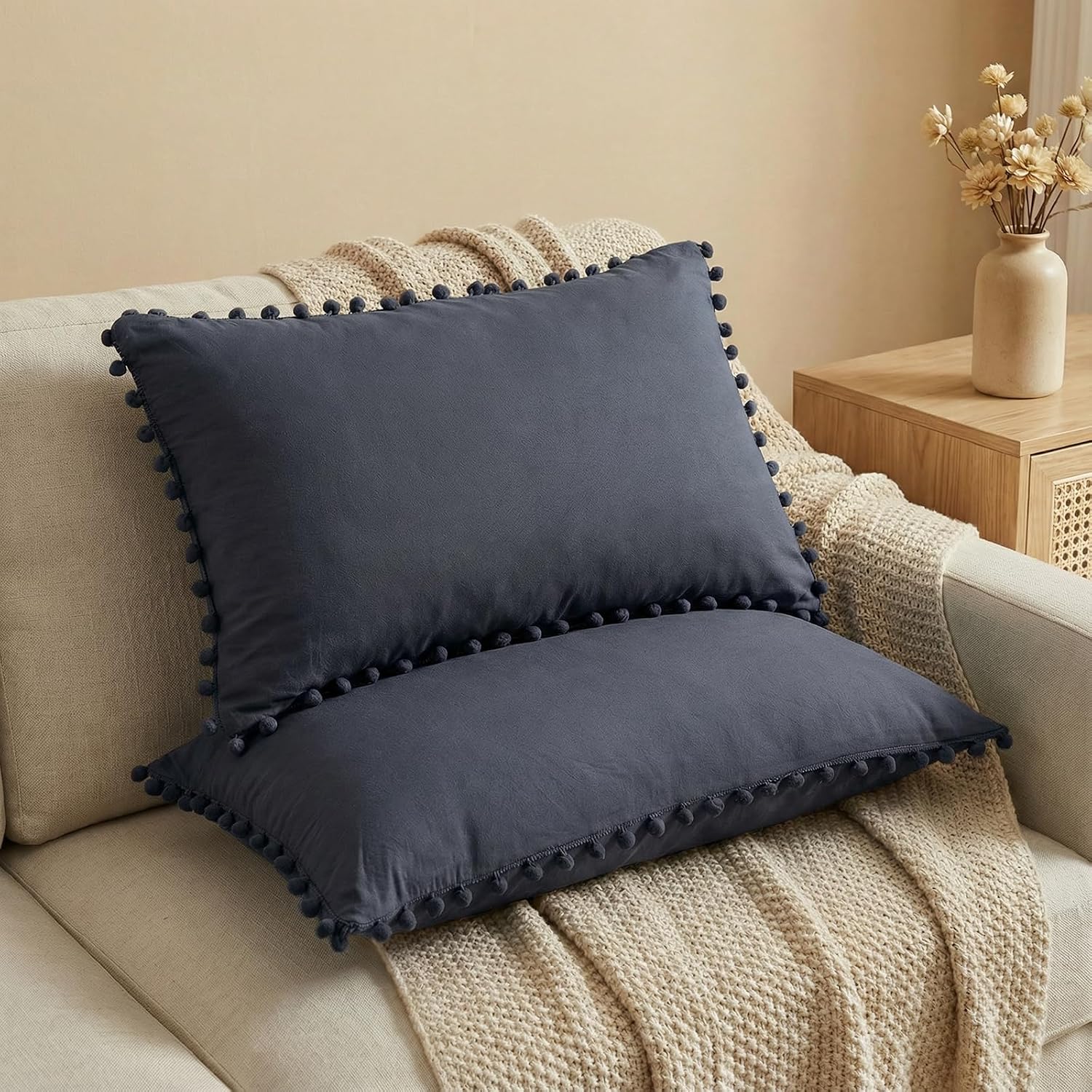 Navy Blue Pom Poms Pillowcases, Dark Blue Standard Queen 20x30 Inches Pillowcases Set of 2, 100% Washed Microfiber, Navy Fringe Pillow Shams, 2 Pack (Standard, Navy Blue)