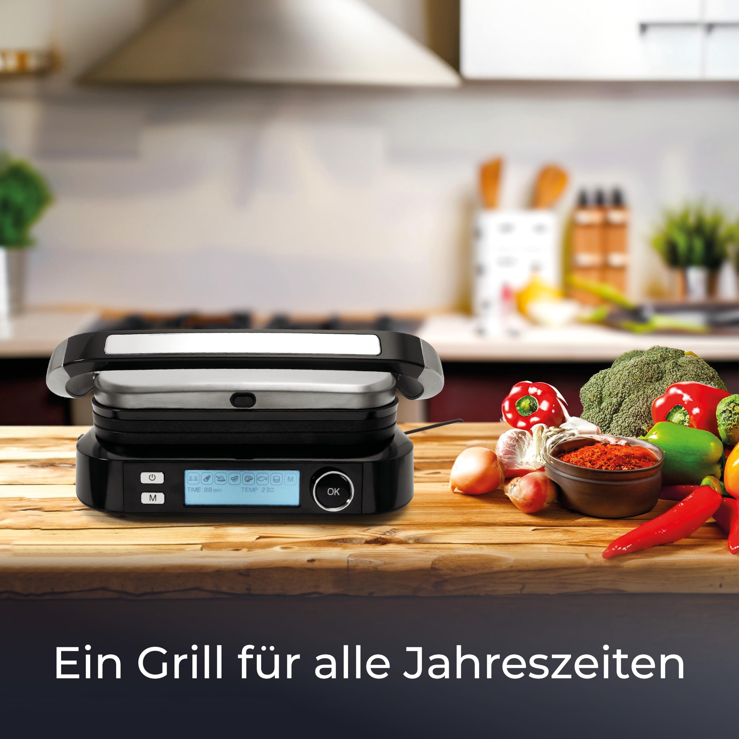 KLAMER Kontaktgrill 2100 W – elektrischer Tischgrill mit 7 Automatikprogrammen, abnehmbaren Platten, Antihaftbeschichtung, einstellbarer Temperatur 70–230 °C, Cool-Touch-Griff, Edelstahl & Schwarz