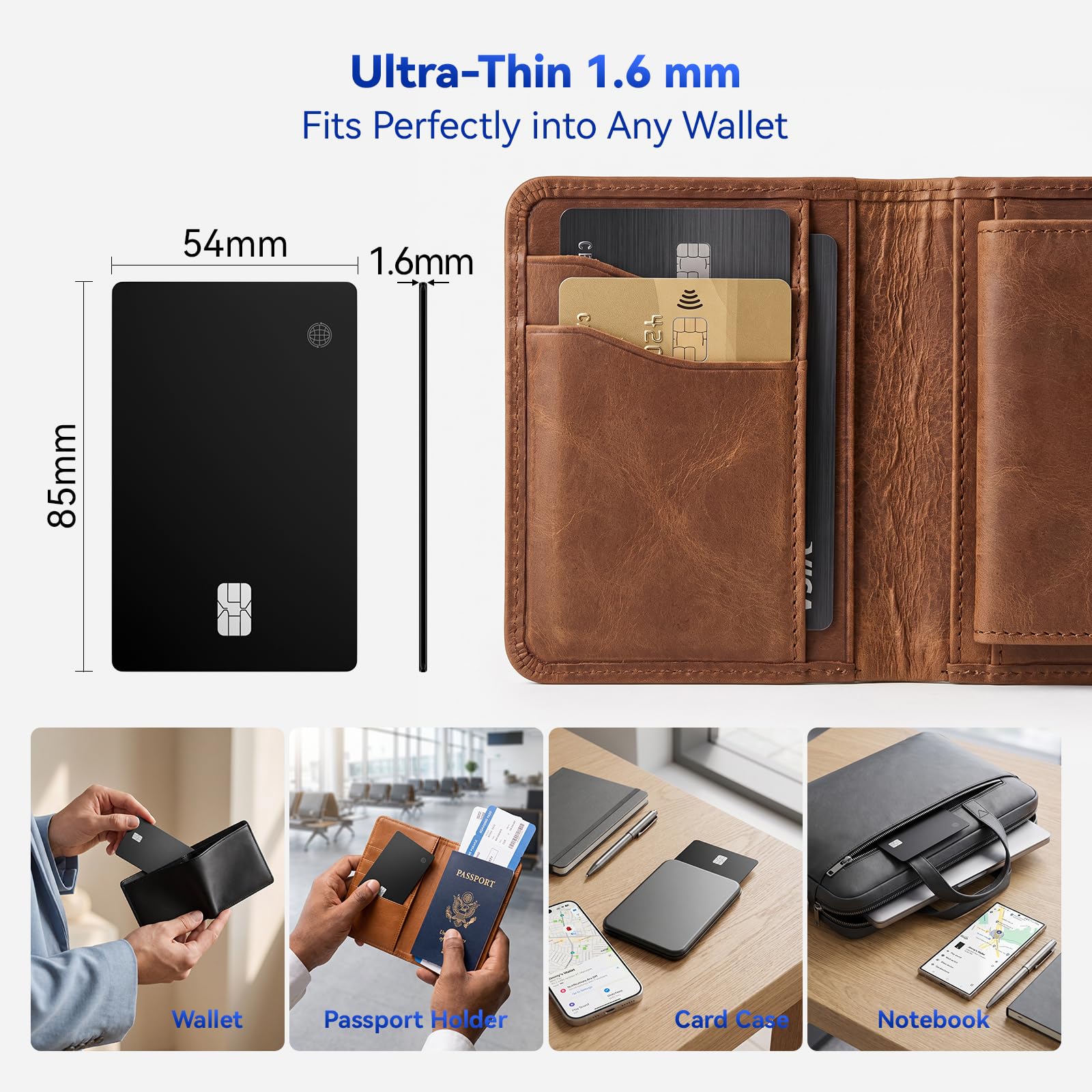 Tarjeta de seguimiento de cartera de doble plataforma, tarjeta de seguimiento delgada inalámbrica recargable de 0.18 cm, funciona con Apple Find My y Google's Find Hub, localizador de artículos