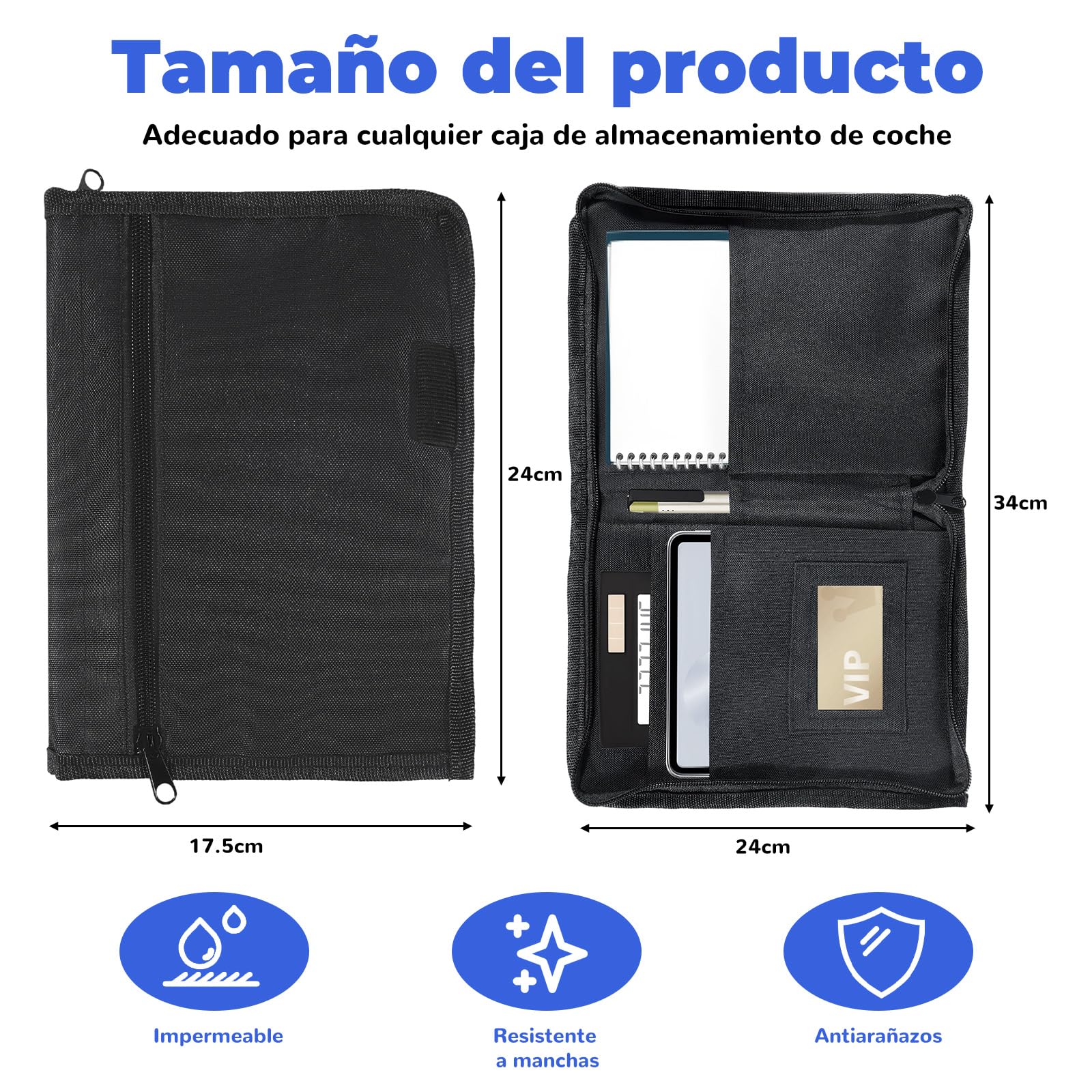 Carpeta Documentación Coche – Porta Documentos Coche,Carpeta de Organizador de Guantera, Negra, Formato (24x17,5 cm) para Documentos del Vehículo, Facturas y Tickets