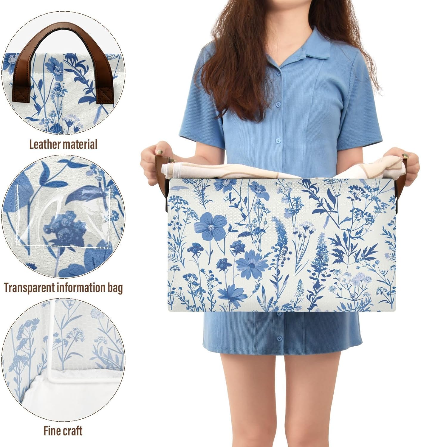 Blue Botanical Floral Wildflower Storage Bins for Shelves with Labels&Handles Fabric Organizer Bin Foldable Rectangle Storage Basket Boxes for Closet, Bathroom, Home, Living Room