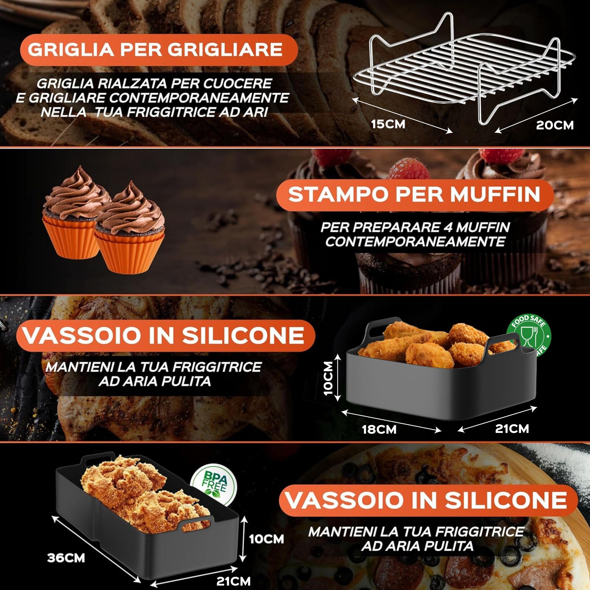 UNBOX Accessori Friggitrice ad Aria - Accessori Airfryer Doppia 1×10,4L e 2×5,2L per Ninja Foodi Flexdrawer AF500EU 10,4L e Cosori Dual Blaze 10L - Con Teglia in Silicone e eBook di Ricette