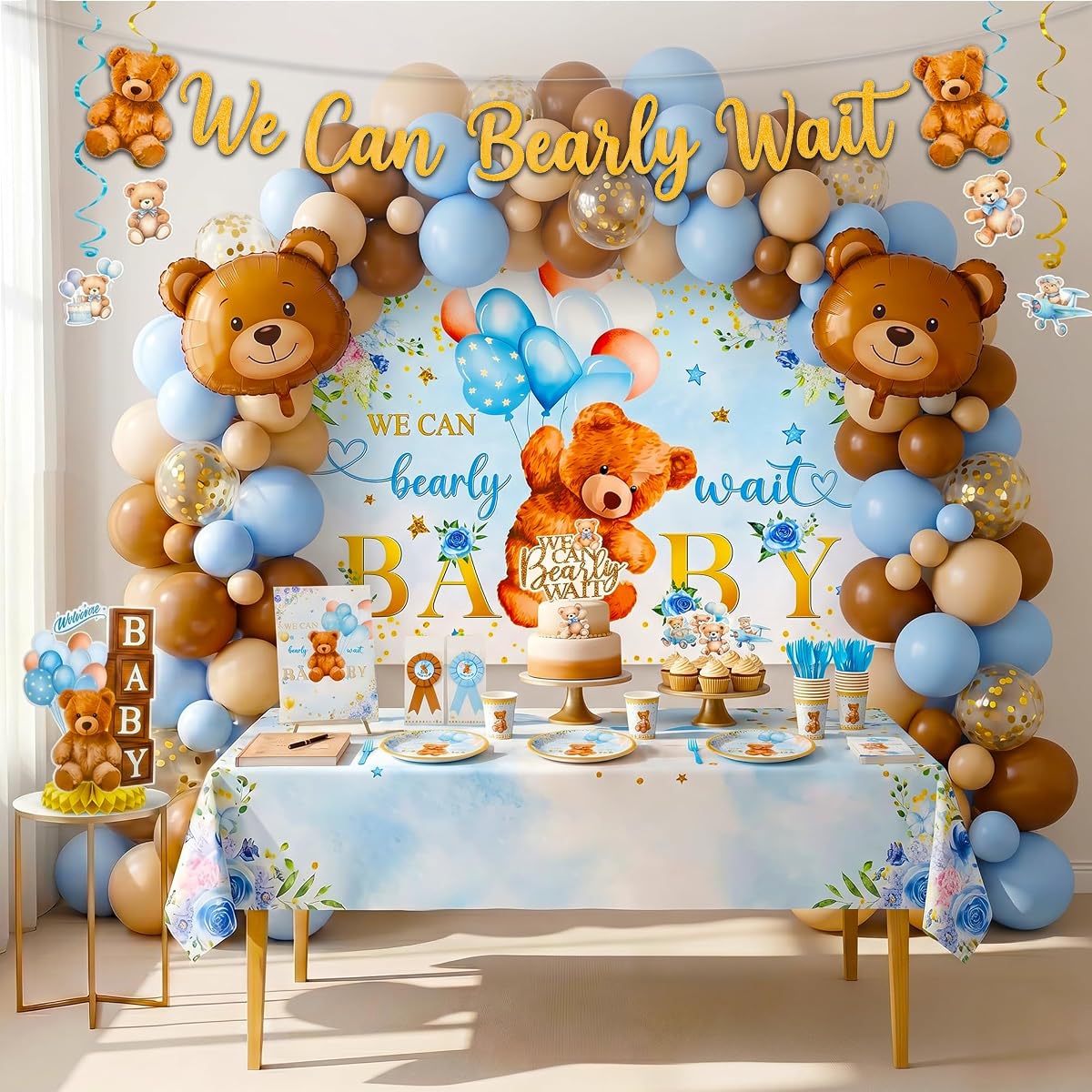 Blue Baby Shower Decorations for Boy, All-in-1 Bear Theme Party Decor Set We Can Bearly Wait Teddy Bear Baby Shower Supplies Blue and Brown Balloon Arch Kit Backdrop and Tableware