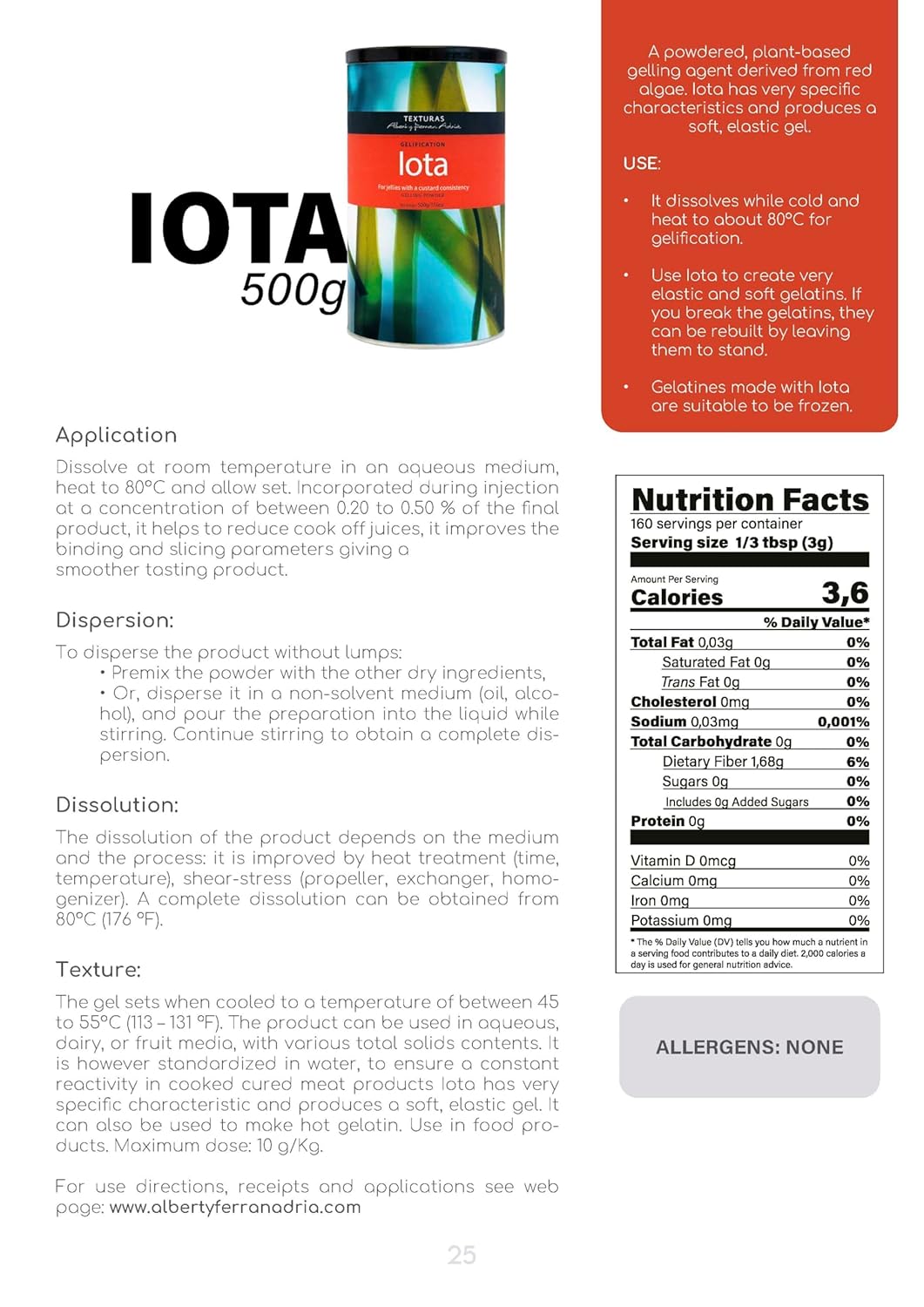 TEXTURAS | Iota | Gelification | Gelling Powder | By Albert y Ferran Adria | 500 gr (17.6 oz)