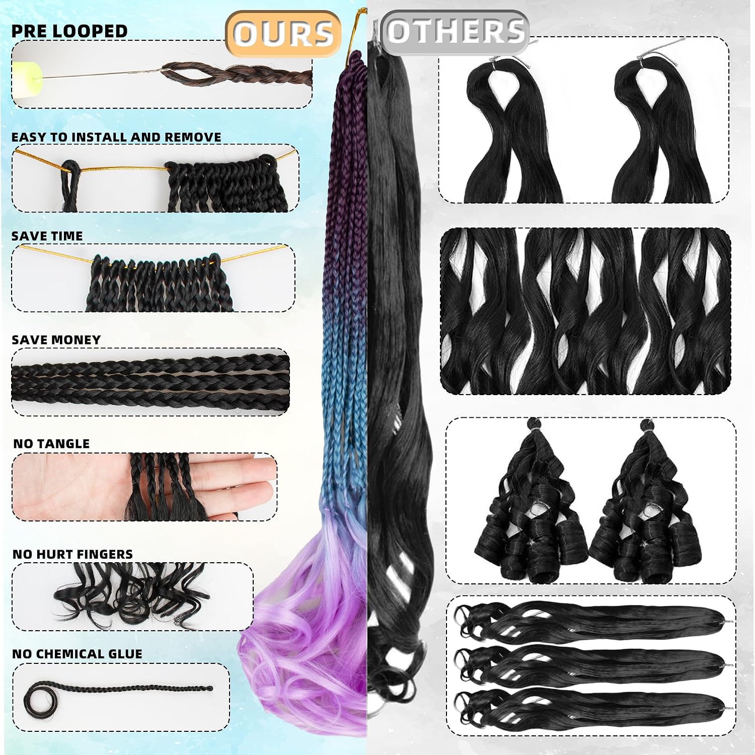 French Curl Crochet Braids for Black Women-18 Inches 8 Packs Goddess Box Braids,3 Tone Ombre Purple to Blue to Pink, Pre Looped Braided Synthetic Hair Extensions(18"-8 Packs, Purple-Blue-Pink)