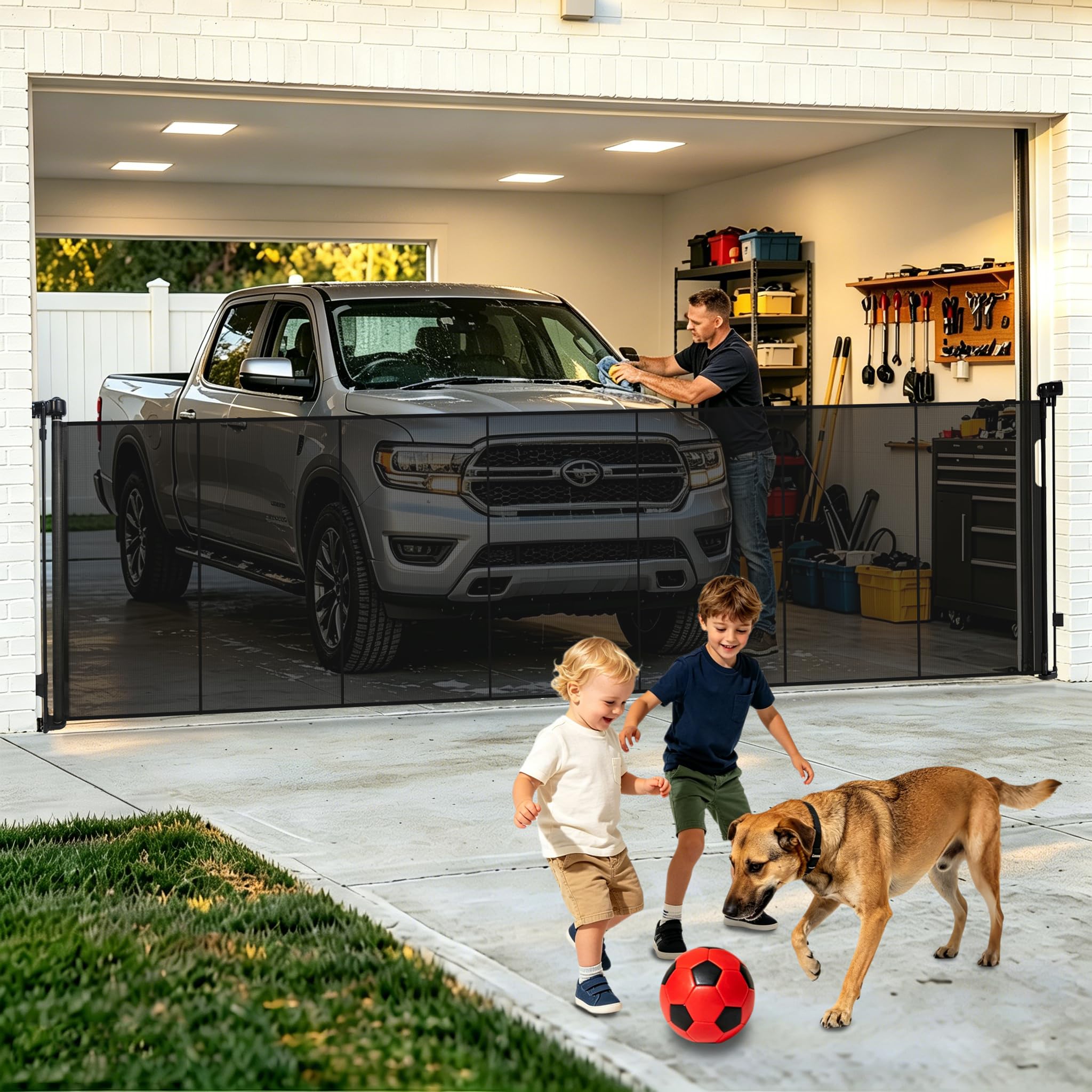 Photo 1 of 160" Extra Wide Retractable Baby Gates, 42" Extra Tall Retractable Dog Gate Pet Gate with Support Rods, Long Mesh Screen Child Safety Gate for Garage Doorways Hallways Deck Porch, Outdoor Indoor Use