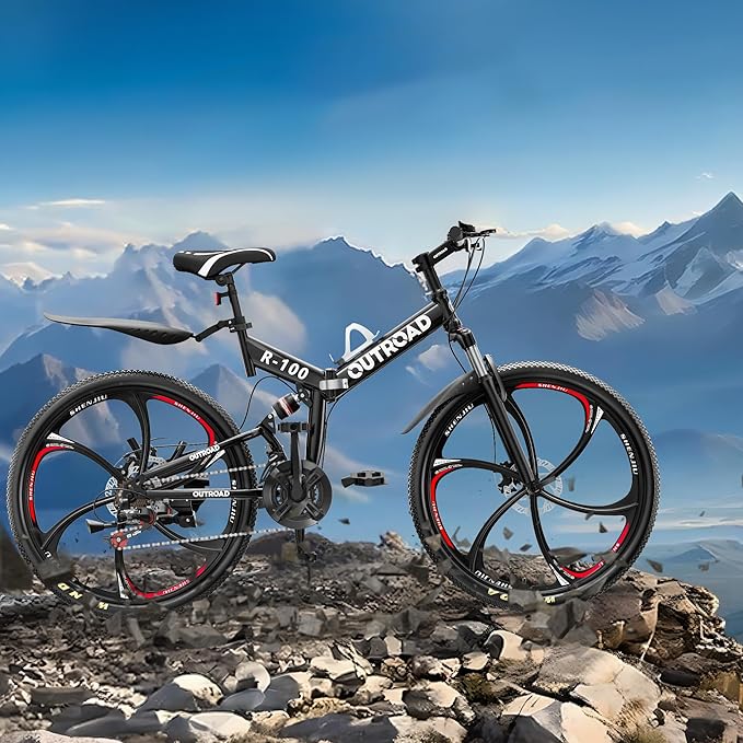 26 Inch Adult Folding Mountain Bike, 21 Speed Foldable Bicycle with Full Suspension, High Carbon Steel Frame, Folding Bikes for Men/Women/Teen, Dual Disc Brake