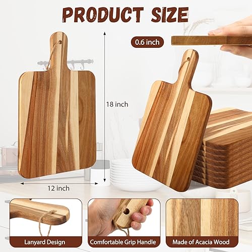 Vista 8 de Geetery 16 tablas de cortar de madera de acacia, a granel, tablas de cortar de madera con asa, bandeja de servir charcutería para pizza, pan, queso