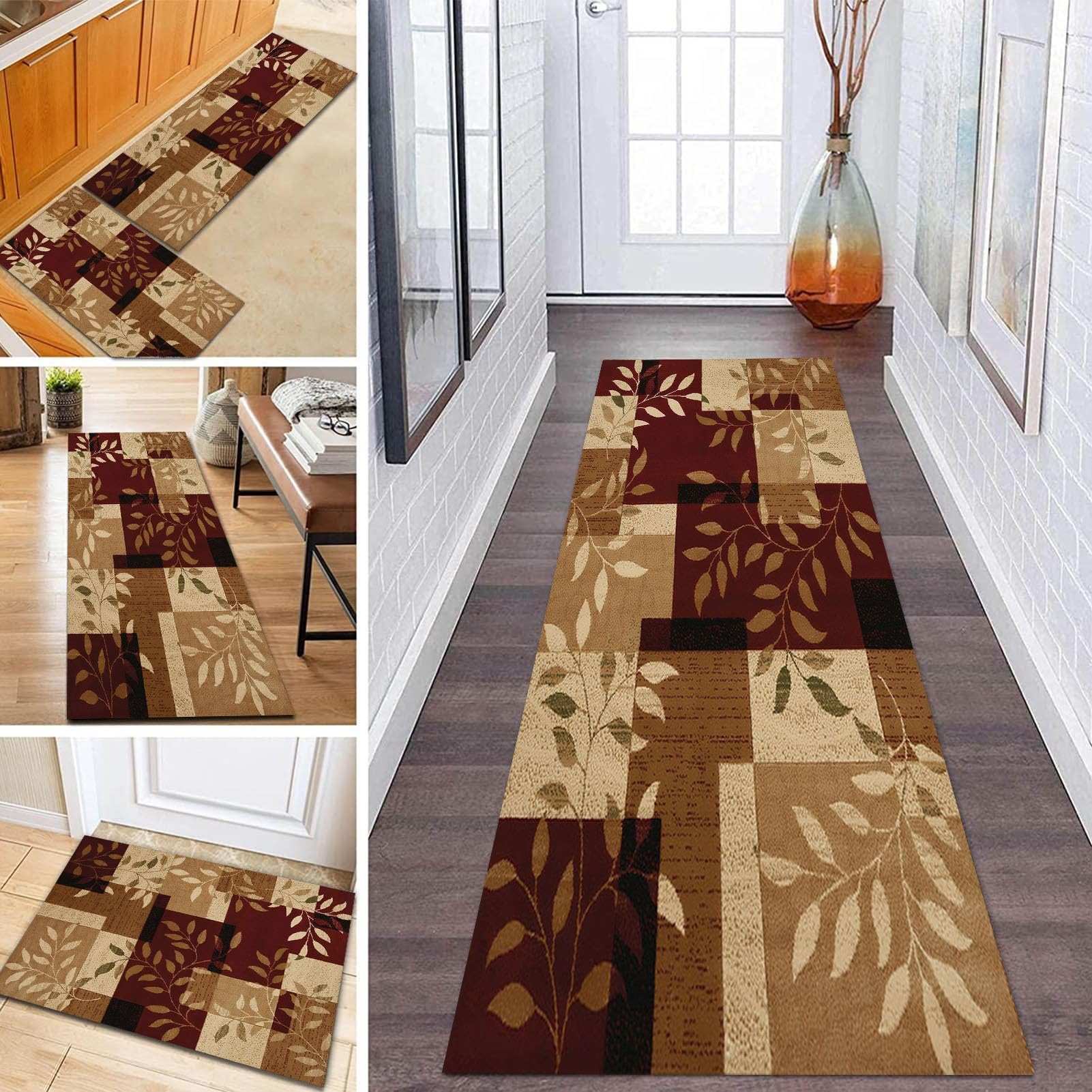 Tappeto passatoia in moquette rosso marrone per corridoio, tappeto lungo antiscivolo, tappetino lavabile per cucina, tappeto passatoia per corridoio stretto con retro in gomma - Motivo floreale (Size