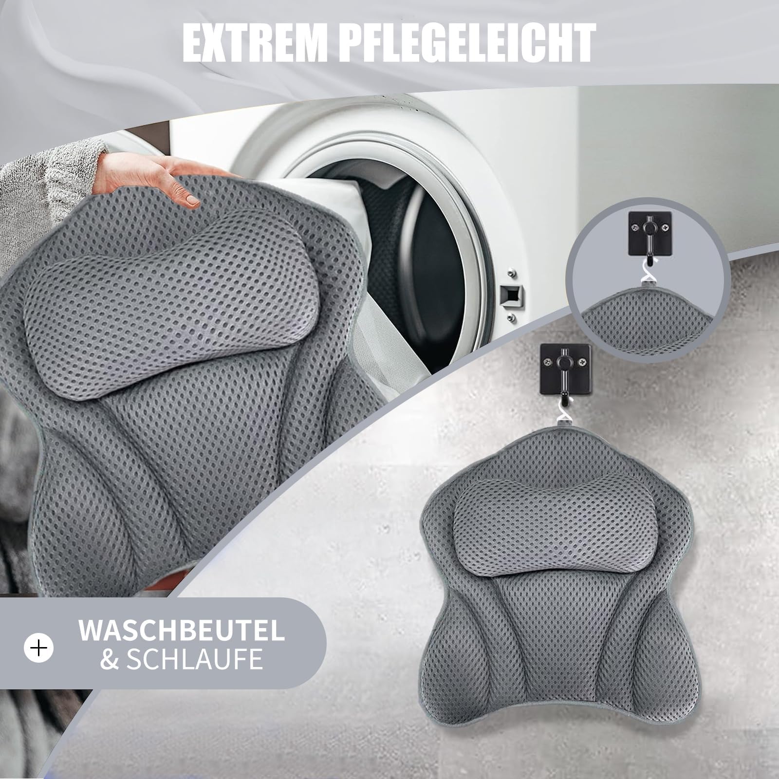 Almohada Bañera,Malla 4D Almohada de Baño,Almohada para Bañera con 6 Ventosas Antideslizantes, Cojín de baño, Puede soportar la Cabeza, el Cuello, para Bañera de Hidromasaje（Gris）