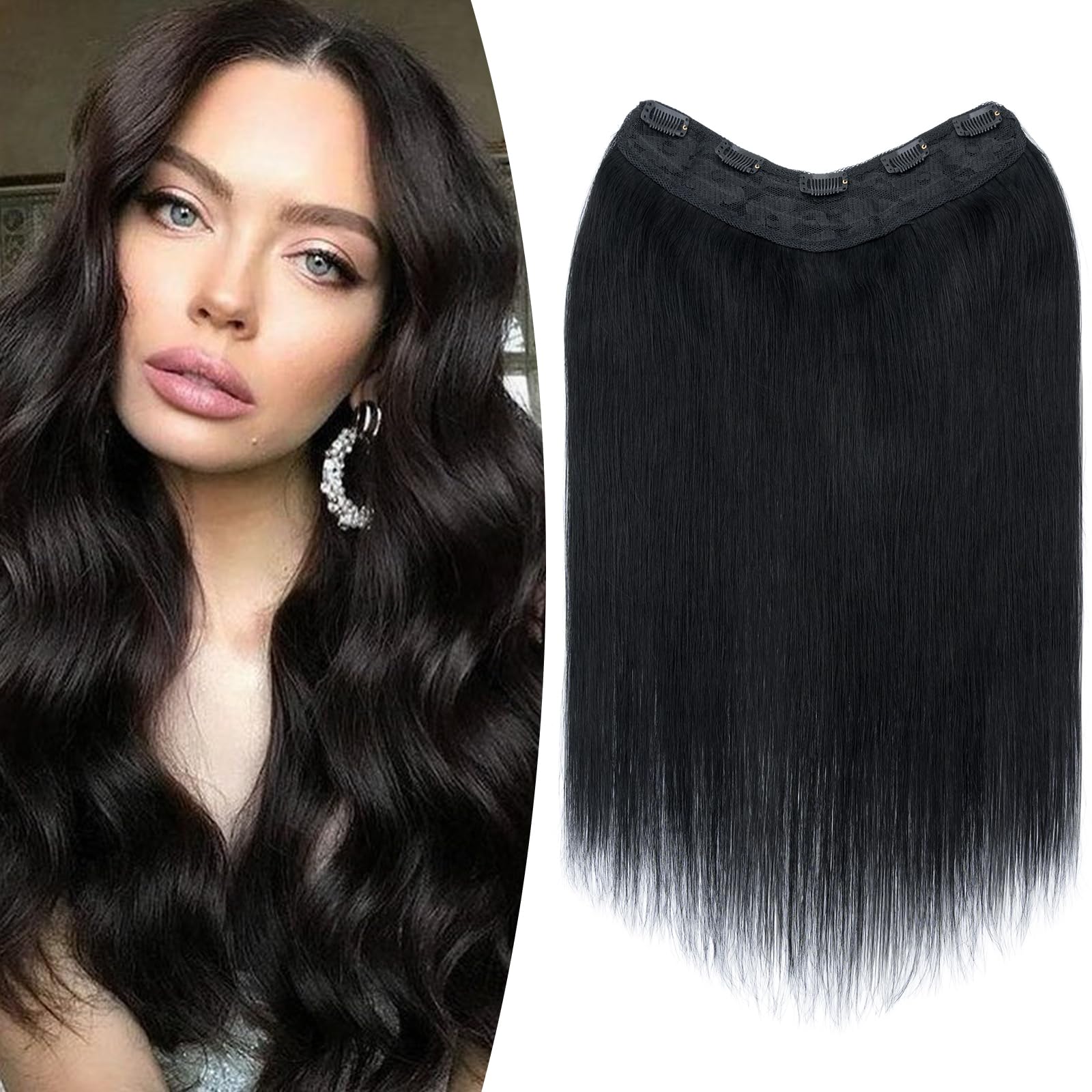 TESS Negro Extensiones de Clip de Pelo Natural Unica Pieza 45 cm, Línea del cabello en forma de U con 5 Clips Extension Pelo Humano 70 g #1 Negro Intenso