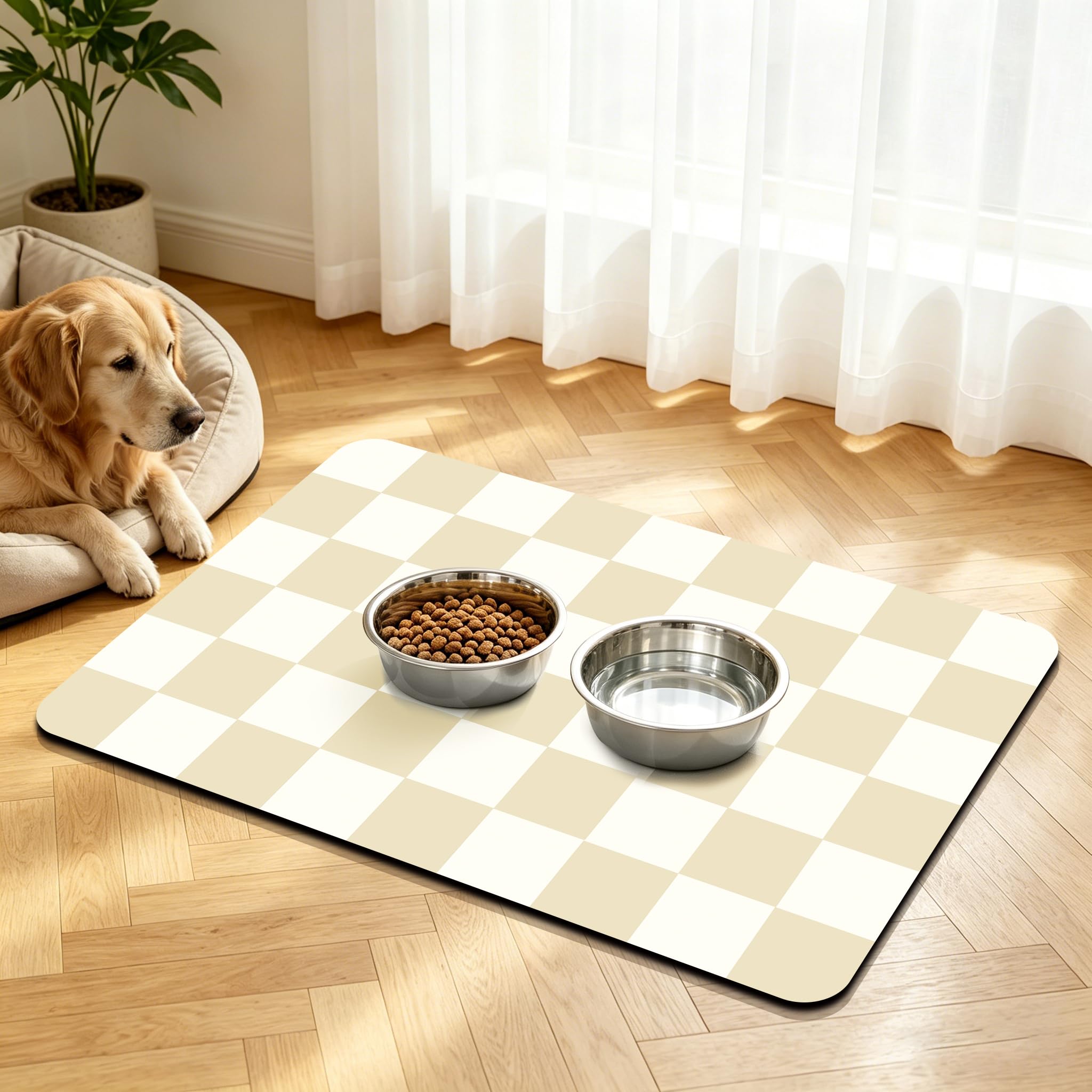 Dog Food Mat, Absorbent Cat Dog Mat for Food and Water Bowl Mat, Quick Dry Checkered Pet Feeding Mat, Non-Slip Pet Placemat with Rubber Backed (Beige, 40x60cm)